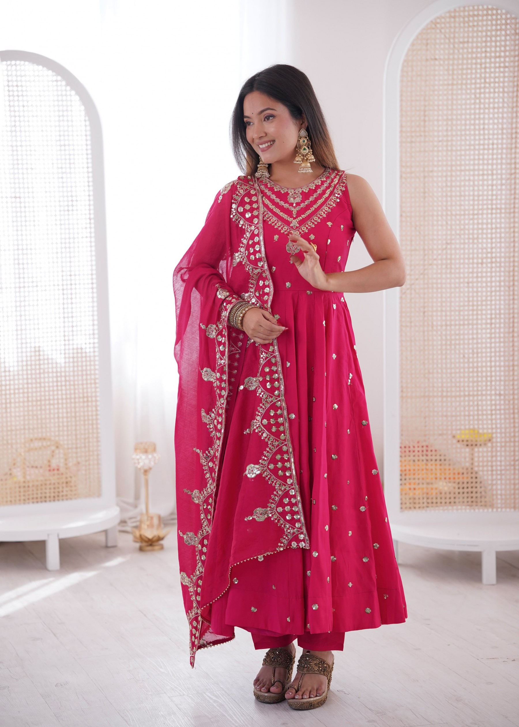 JF - 038 - ROMAN SILK SEQUENCE EMBROIDERY WORK BY PARTY WEAR AND WEDDING ANARKALI NAIRA GOWN COLLECTION 