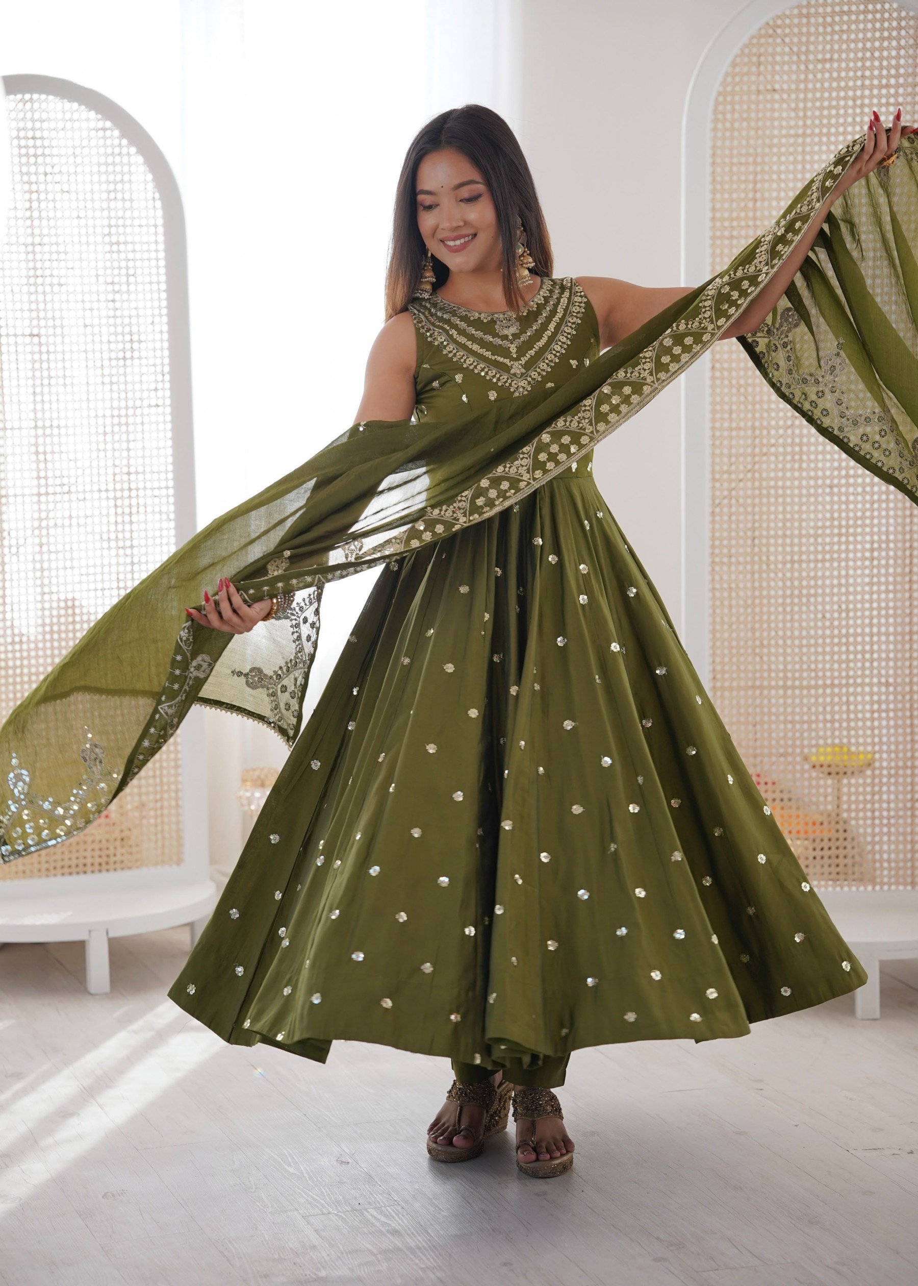 JF - 038 - ROMAN SILK SEQUENCE EMBROIDERY WORK BY PARTY WEAR AND WEDDING ANARKALI NAIRA GOWN COLLECTION 
