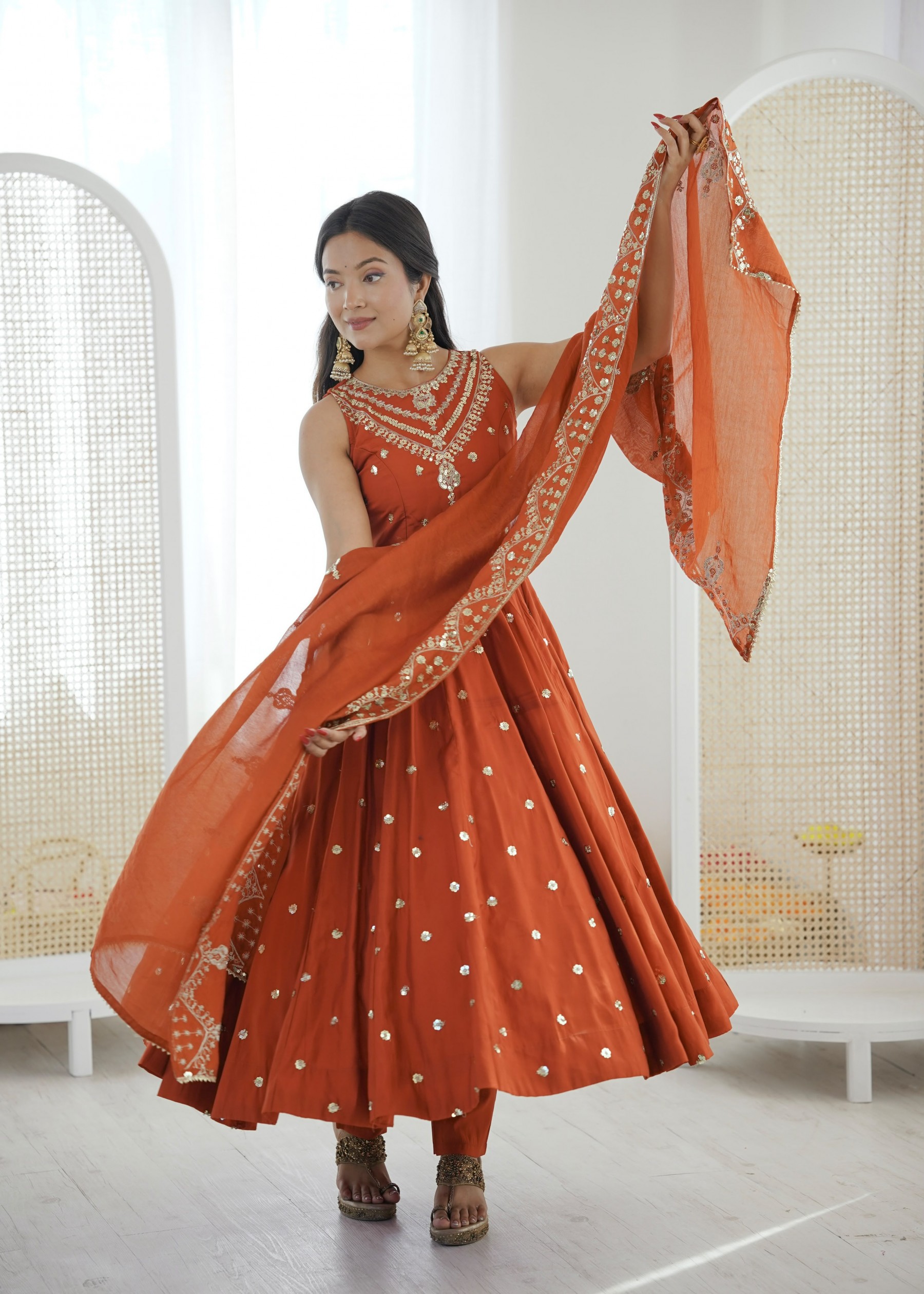 JF - 038 - ROMAN SILK SEQUENCE EMBROIDERY WORK BY PARTY WEAR AND WEDDING ANARKALI NAIRA GOWN COLLECTION 