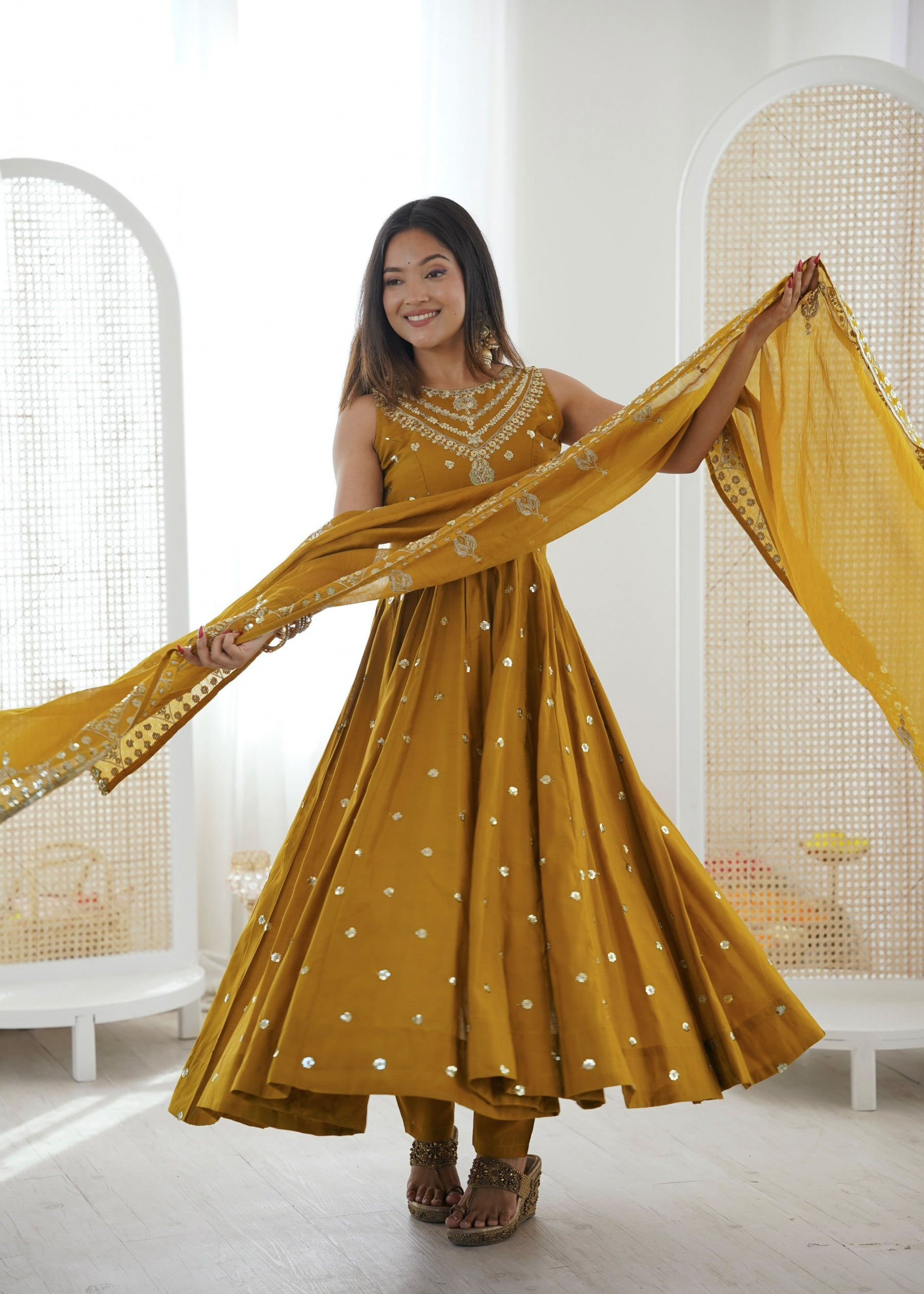 JF - 038 - ROMAN SILK SEQUENCE EMBROIDERY WORK BY PARTY WEAR AND WEDDING ANARKALI NAIRA GOWN COLLECTION 