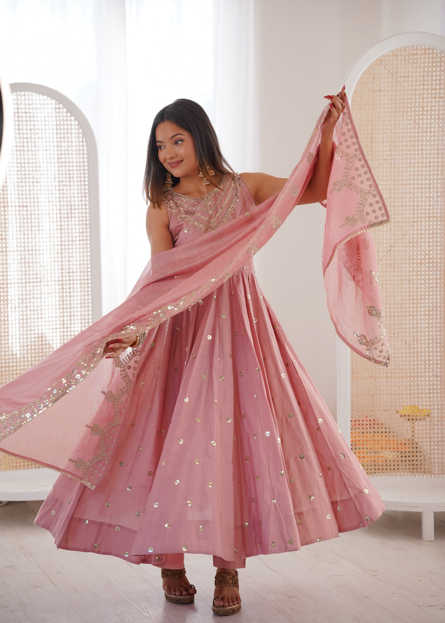 JF - 038 - ROMAN SILK SEQUENCE EMBROIDERY WORK BY PARTY WEAR AND WEDDING ANARKALI NAIRA GOWN COLLECTION 