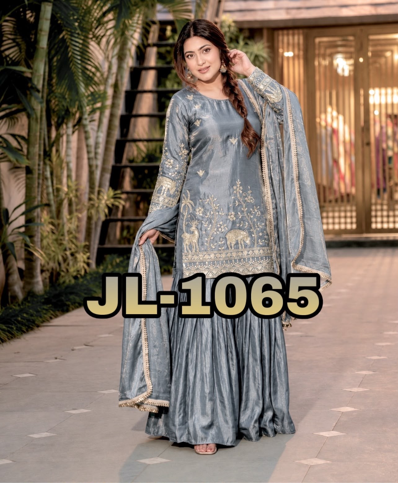 JL - 1065 - PURE FRENDY SILK HEAVY EMBROIDERY SEQUENCE WORK BY PAKISTANI READYMADE SHARARA AND PLAZZO SUIT COLLECTION 