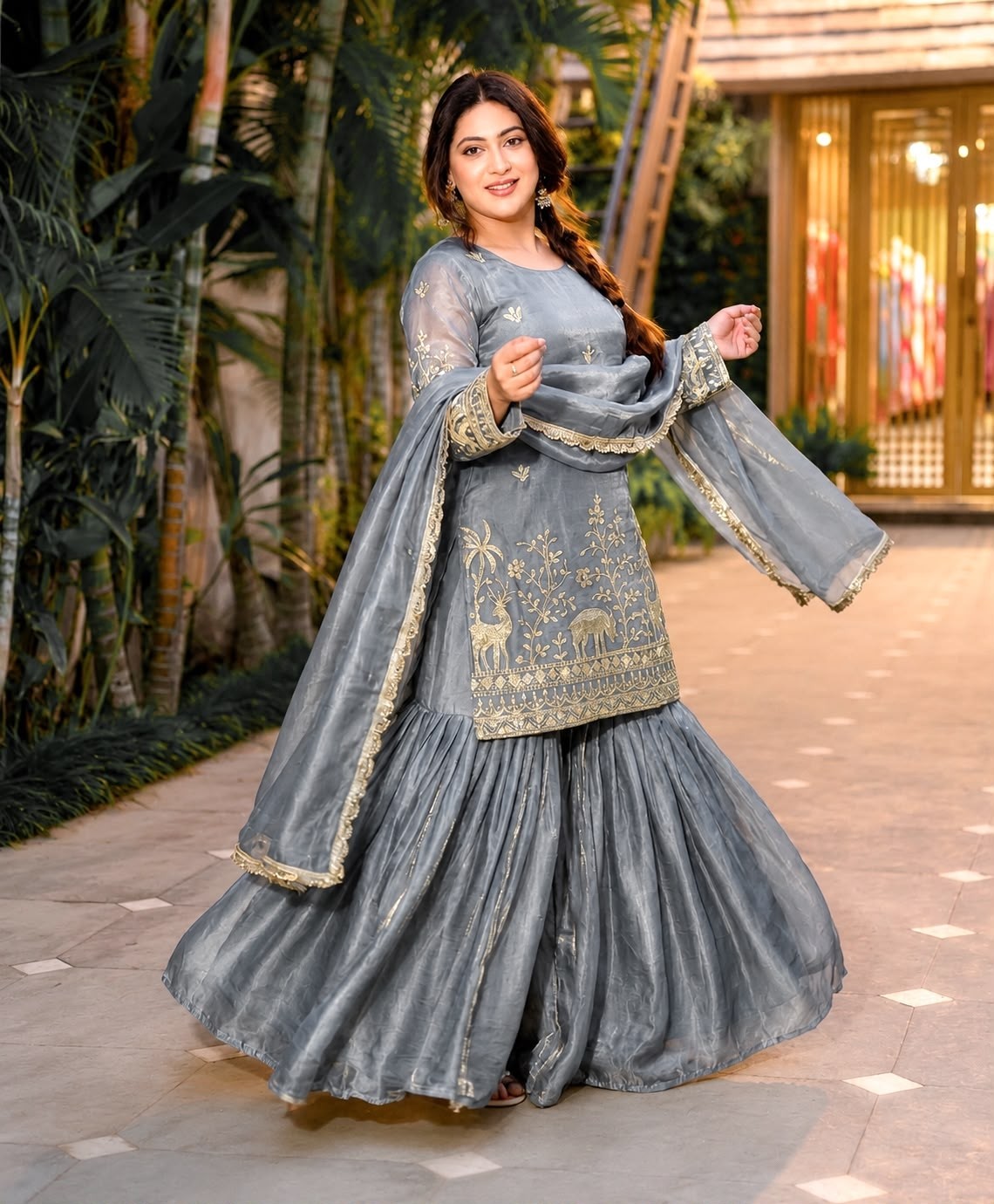 JL - 1065 - PURE FRENDY SILK HEAVY EMBROIDERY SEQUENCE WORK BY PAKISTANI READYMADE SHARARA AND PLAZZO SUIT COLLECTION 