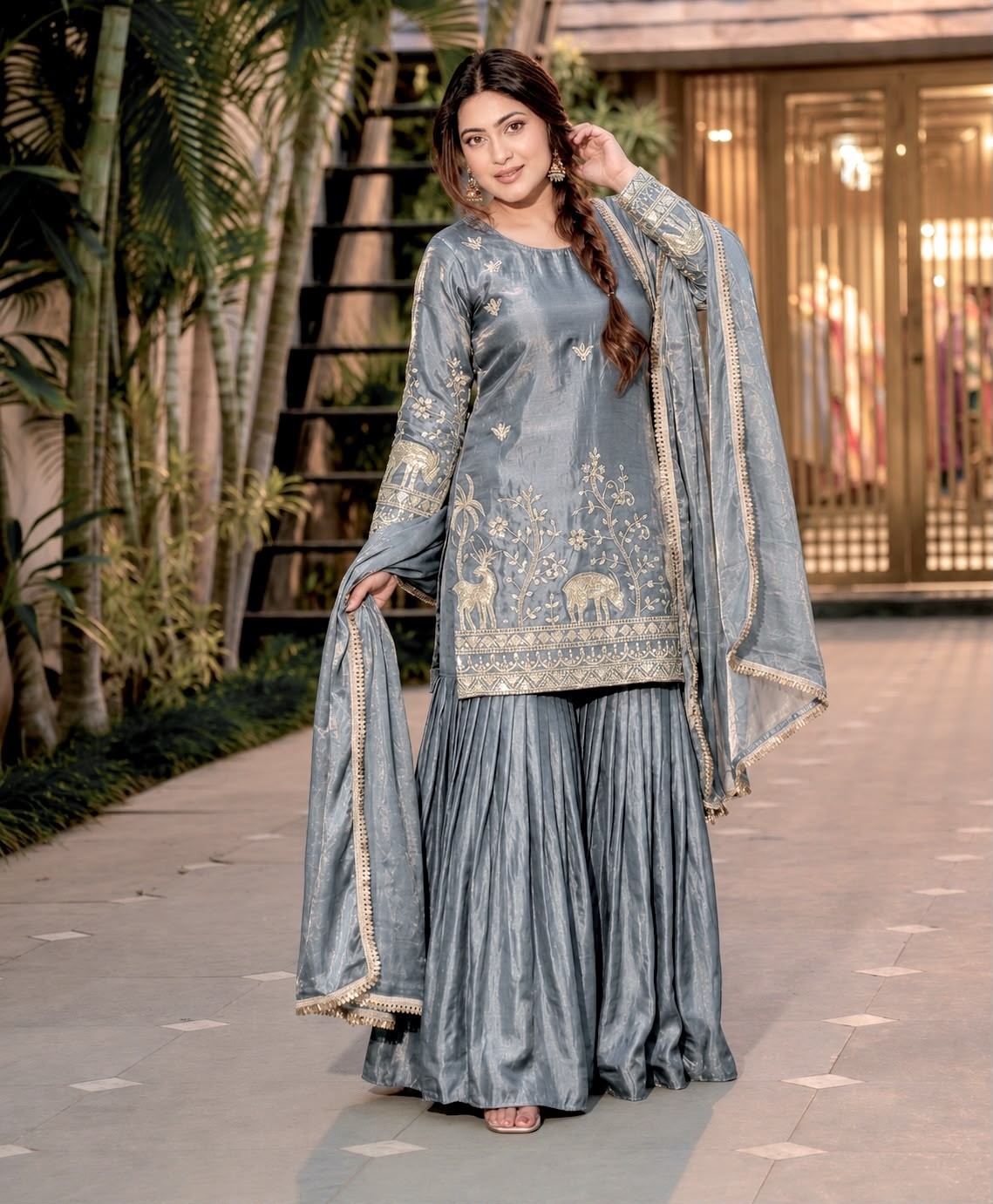 JL - 1065 - PURE FRENDY SILK HEAVY EMBROIDERY SEQUENCE WORK BY PAKISTANI READYMADE SHARARA AND PLAZZO SUIT COLLECTION 