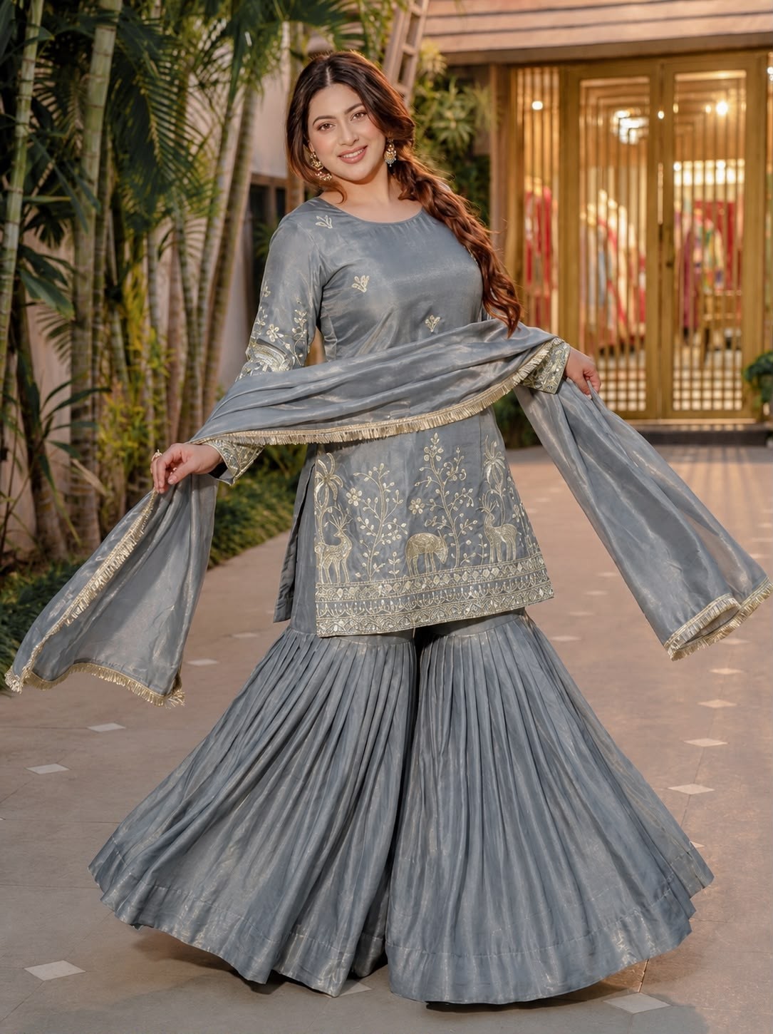 JL - 1065 - PURE FRENDY SILK HEAVY EMBROIDERY SEQUENCE WORK BY PAKISTANI READYMADE SHARARA AND PLAZZO SUIT COLLECTION 