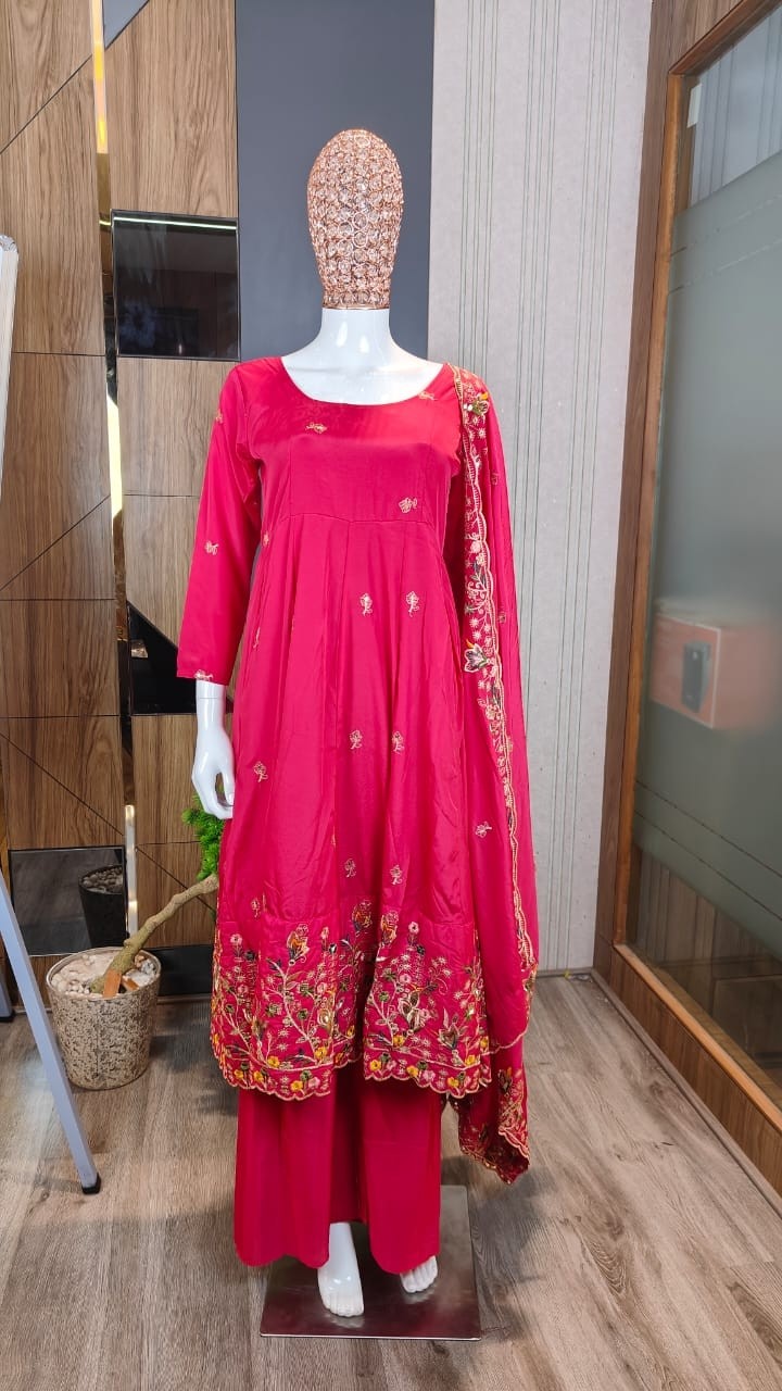 PINK KARNIVAL SUIT - HEAVY FRENCH CRAPE WORK PREMIUM FLORAL MOTIF THREAD EMBROIDERY WORK BY PARTY WEAR SUIT COLLECTION 