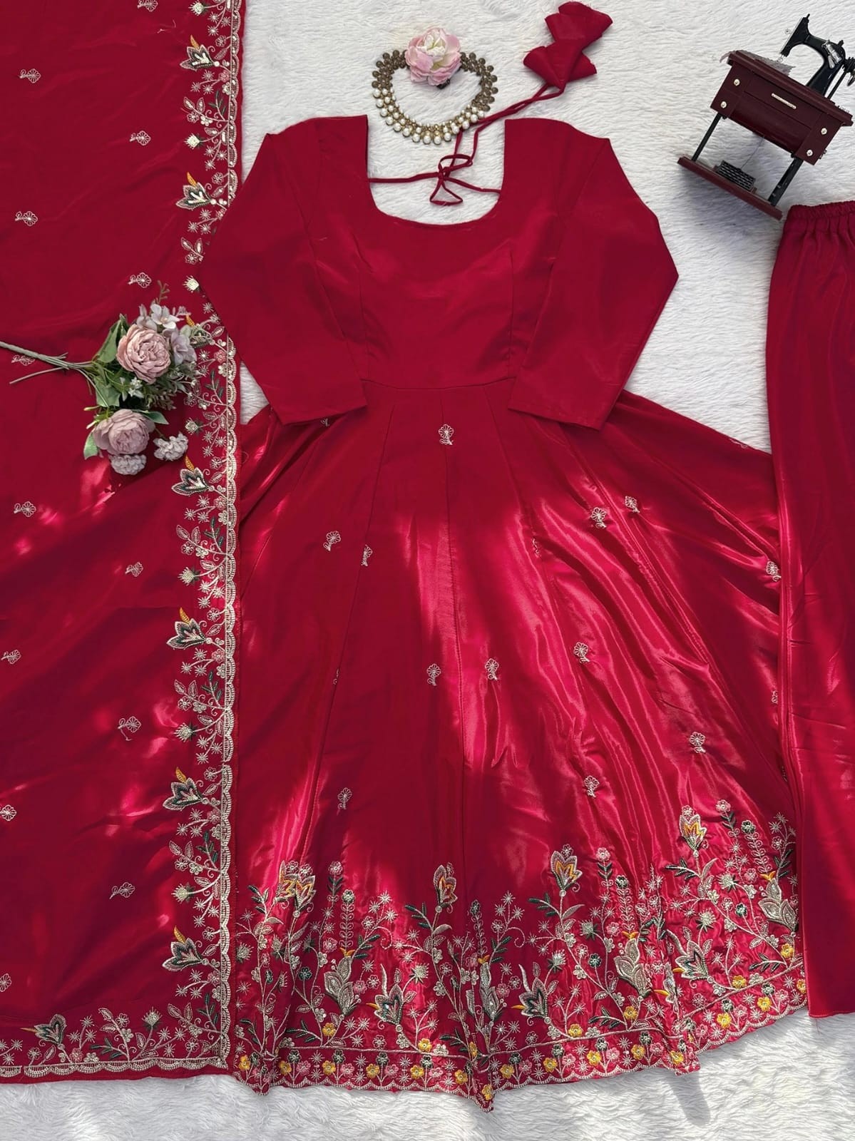 PINK KARNIVAL SUIT - HEAVY FRENCH CRAPE WORK PREMIUM FLORAL MOTIF THREAD EMBROIDERY WORK BY PARTY WEAR SUIT COLLECTION 