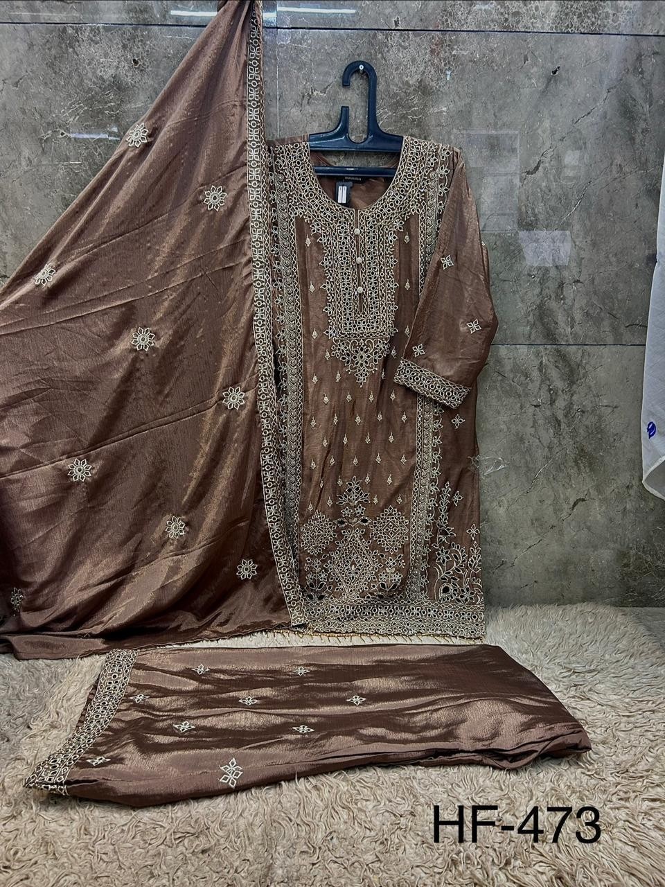 HF - 473 - A B C D - HEAVY CHINON WITH CUT WORK BY PAKISTANI READYMADE SHARARA AND PLAZZO SUIT COLLECTION 