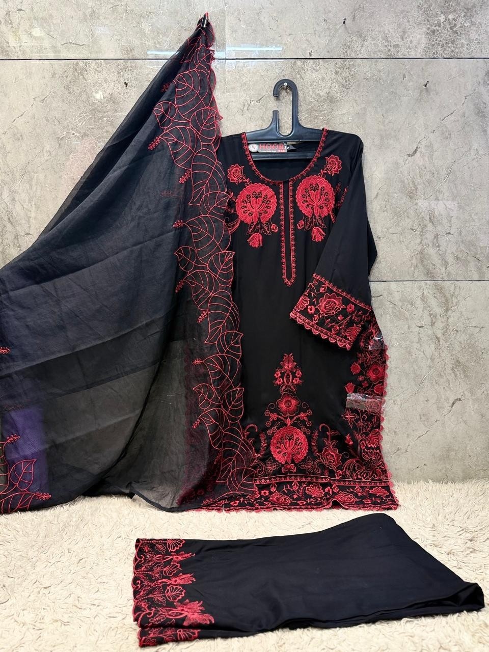 HF - 950 - A B C D - HEAVY REYON SATIN WITH EMBROIDERY WORK BY PAKISTANI READYMADE SHARARA AND PLAZZO SUIT COLLECTION 