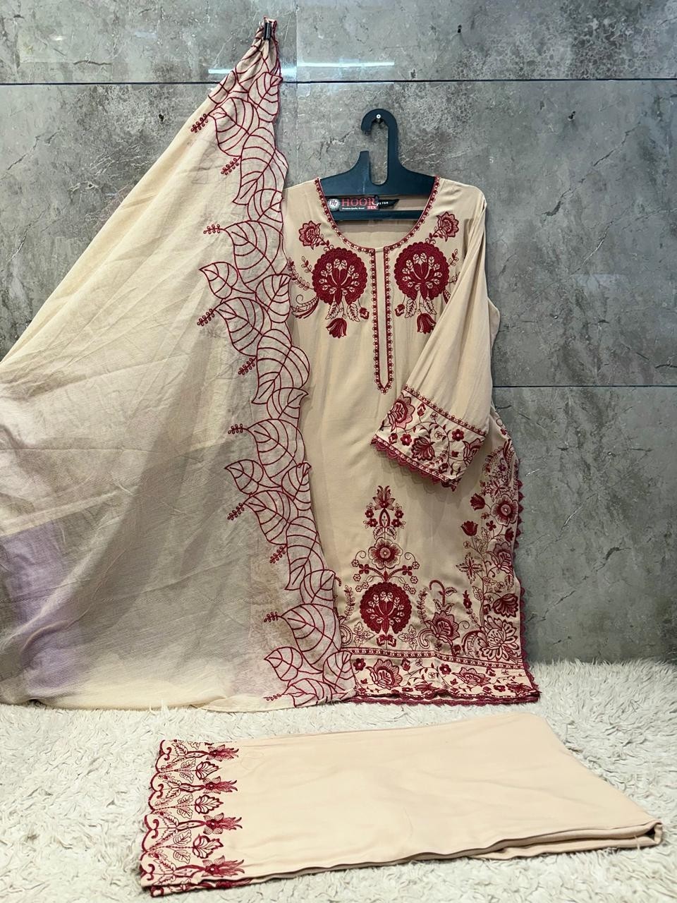 HF - 950 - A B C D - HEAVY REYON SATIN WITH EMBROIDERY WORK BY PAKISTANI READYMADE SHARARA AND PLAZZO SUIT COLLECTION 