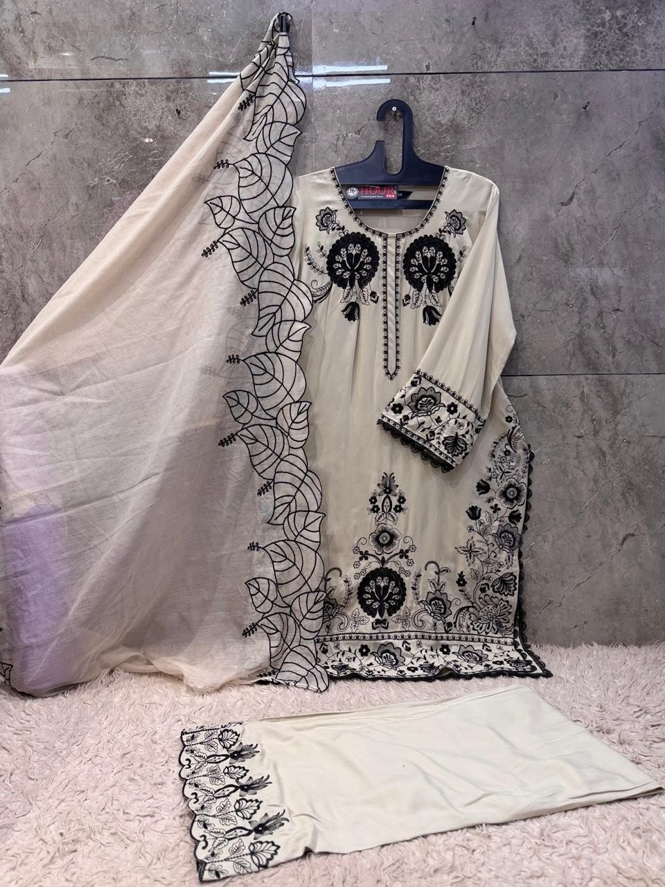 HF - 950 - A B C D - HEAVY REYON SATIN WITH EMBROIDERY WORK BY PAKISTANI READYMADE SHARARA AND PLAZZO SUIT COLLECTION 
