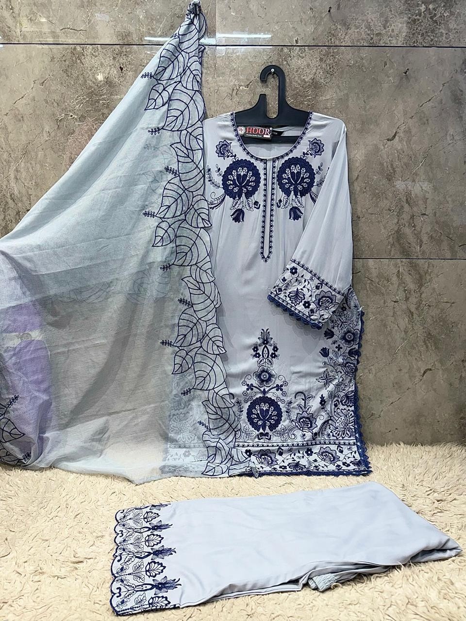 HF - 950 - A B C D - HEAVY REYON SATIN WITH EMBROIDERY WORK BY PAKISTANI READYMADE SHARARA AND PLAZZO SUIT COLLECTION 