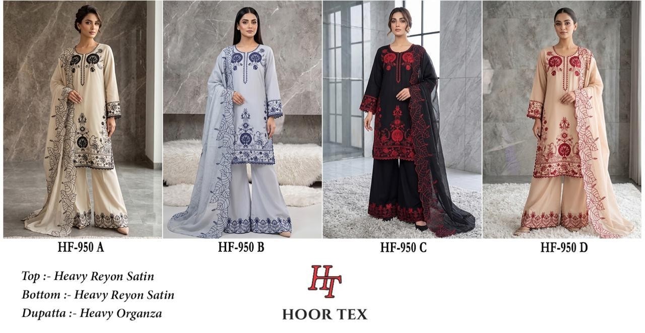HF - 950 - A B C D - HEAVY REYON SATIN WITH EMBROIDERY WORK BY PAKISTANI READYMADE SHARARA AND PLAZZO SUIT COLLECTION 