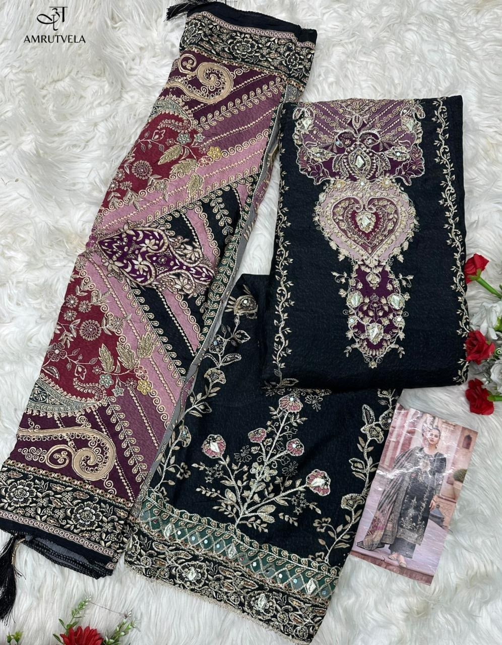 AT - 204 - PURE VISCOSE MUSLIN DIGITAL PRINT WITH AARI AND HAND WORK BY PAKISTANI SUIT COLLECTION 