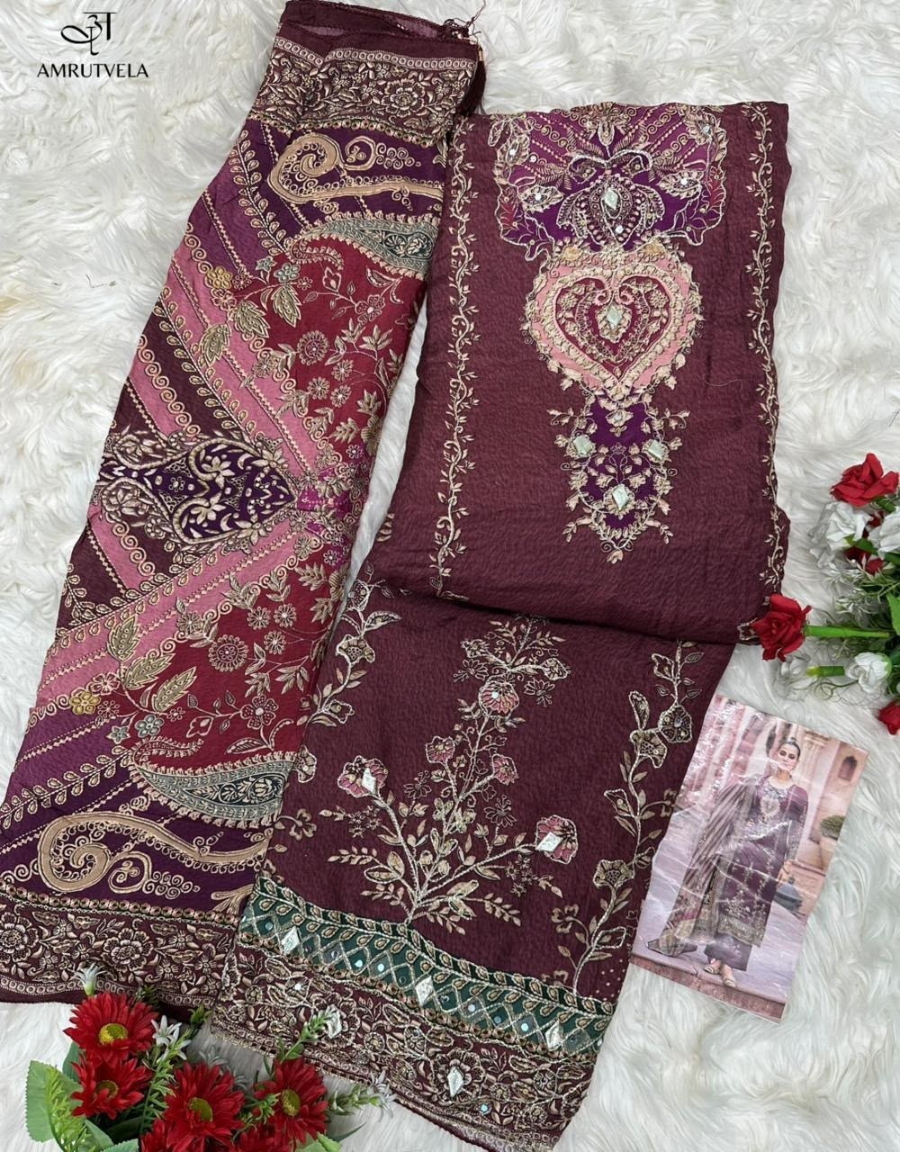 AT - 204 - PURE VISCOSE MUSLIN DIGITAL PRINT WITH AARI AND HAND WORK BY PAKISTANI SUIT COLLECTION 