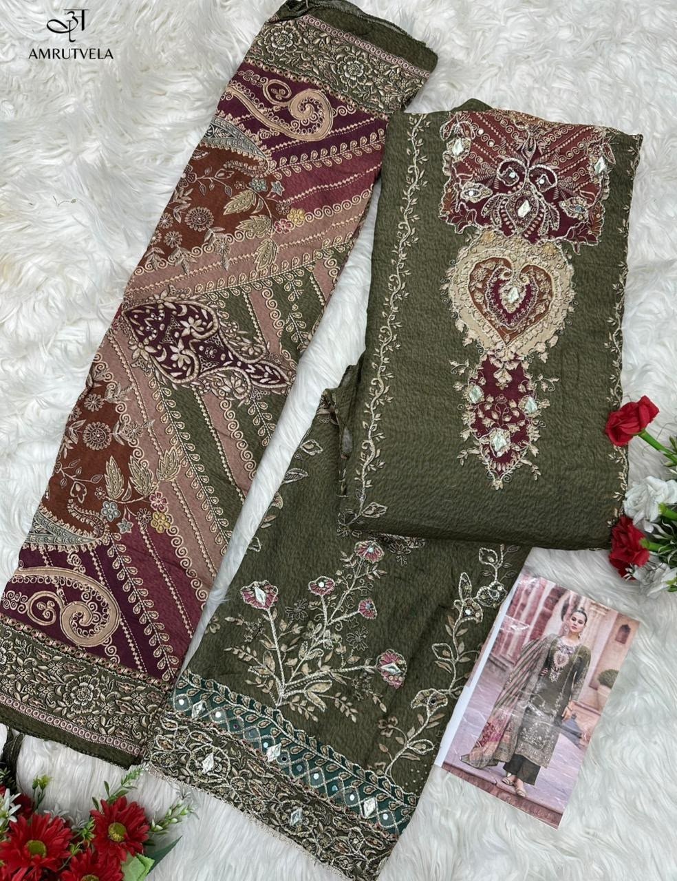 AT - 204 - PURE VISCOSE MUSLIN DIGITAL PRINT WITH AARI AND HAND WORK BY PAKISTANI SUIT COLLECTION 