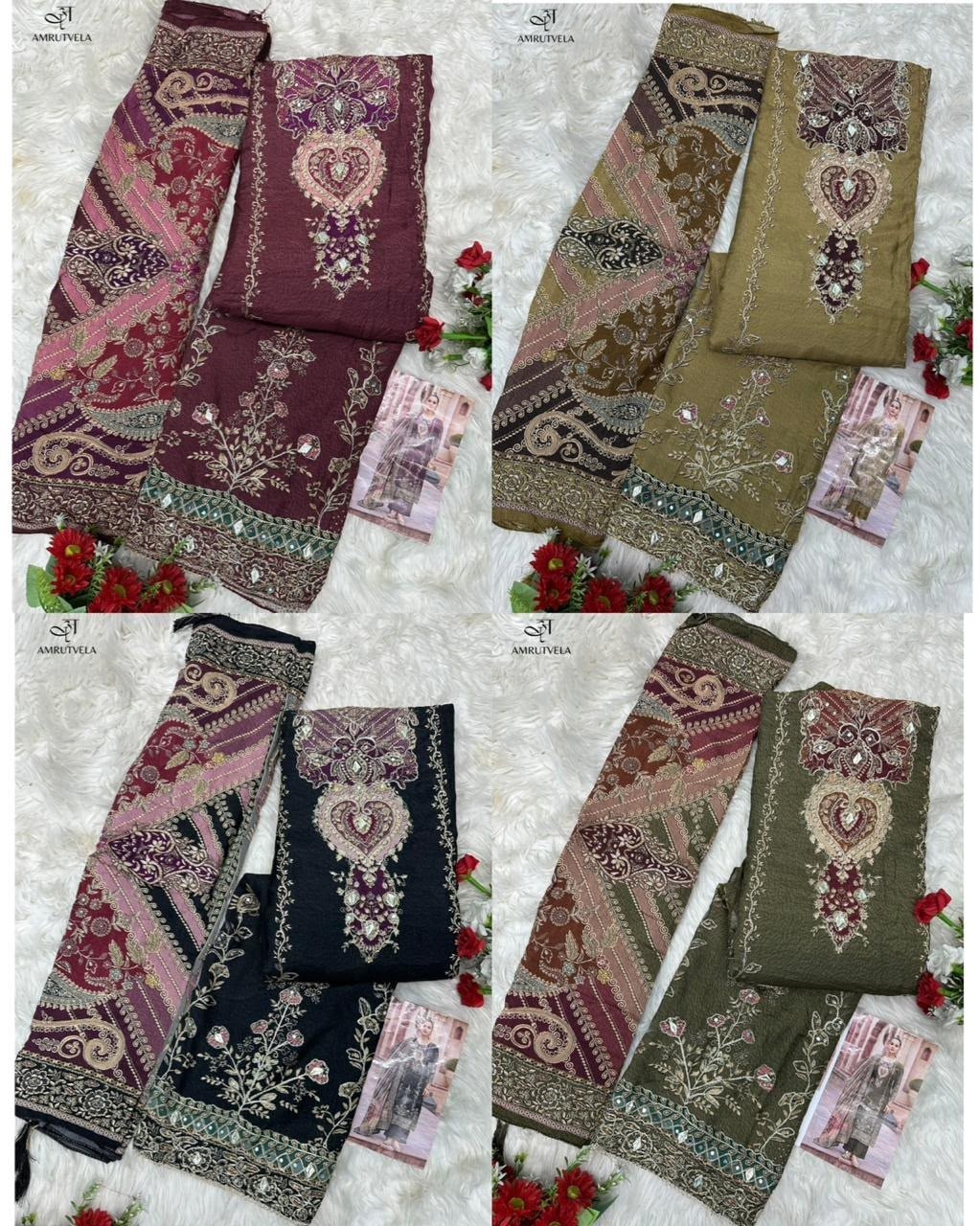 AT - 204 - PURE VISCOSE MUSLIN DIGITAL PRINT WITH AARI AND HAND WORK BY PAKISTANI SUIT COLLECTION 