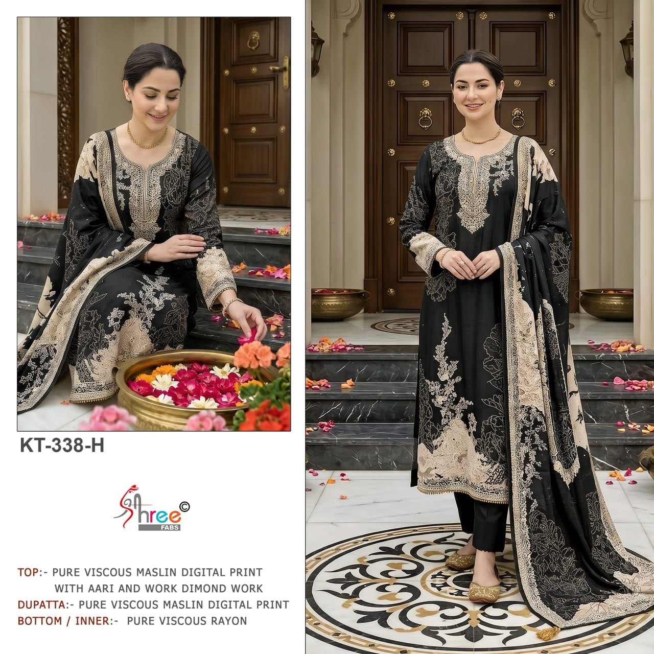 KT - 338 - PURE VISCOSE MUSLIN DIGITAL PRINT AND HAND WORK BY PAKISTANI SUIT COLLECTION BY SHREE FAB 