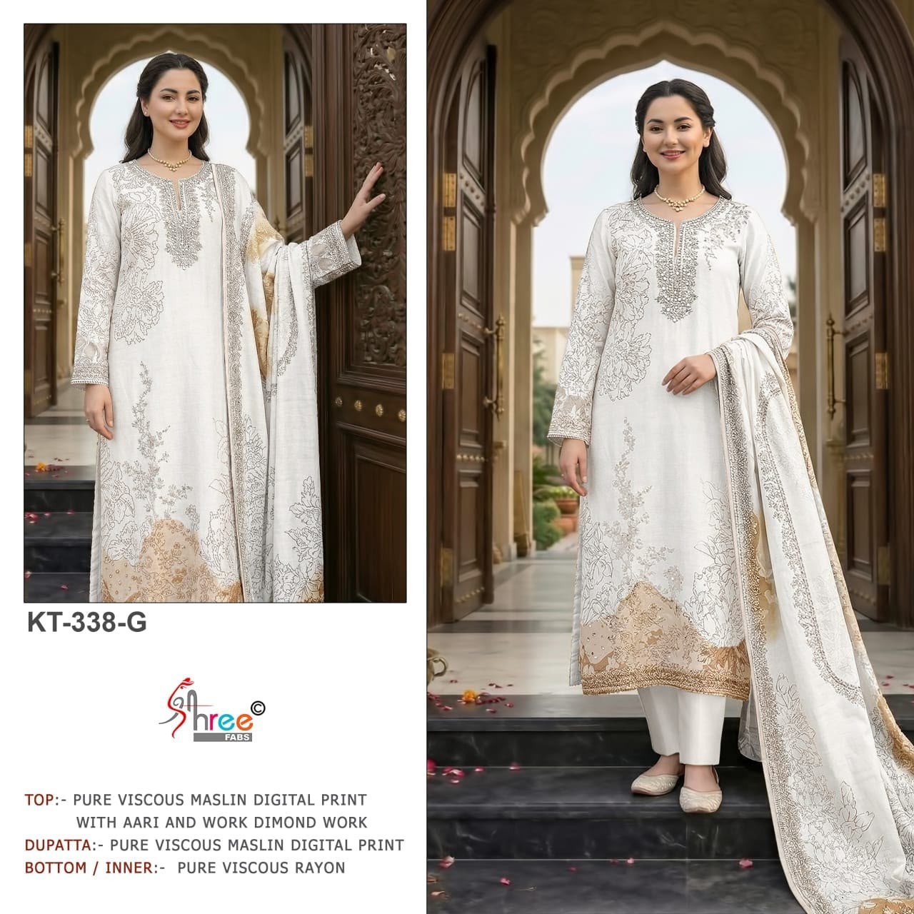 KT - 338 - PURE VISCOSE MUSLIN DIGITAL PRINT AND HAND WORK BY PAKISTANI SUIT COLLECTION BY SHREE FAB 