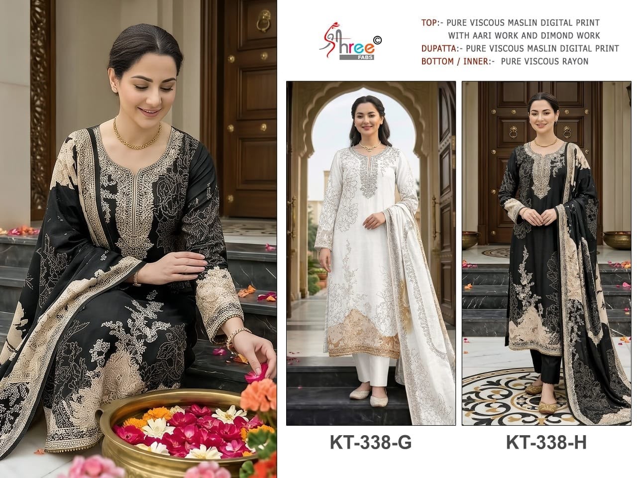 KT - 338 - PURE VISCOSE MUSLIN DIGITAL PRINT AND HAND WORK BY PAKISTANI SUIT COLLECTION BY SHREE FAB 