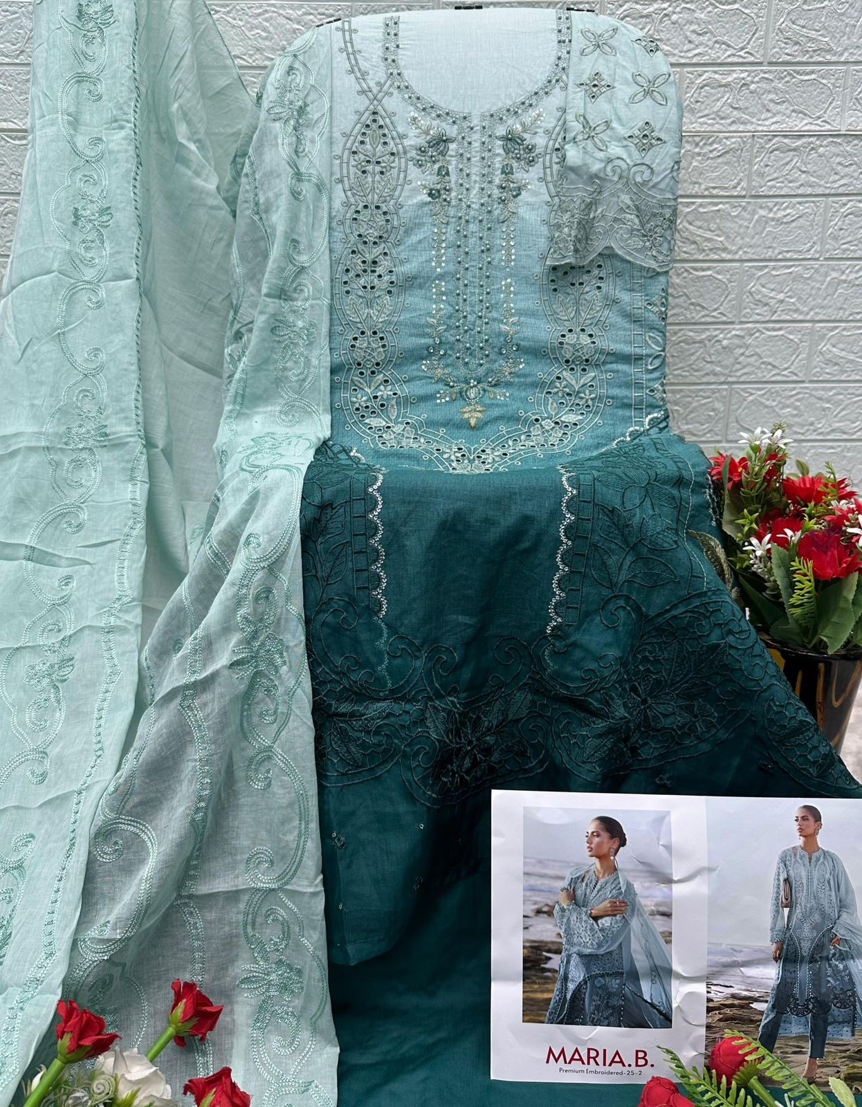 MARIA B PREMIUM EMBROIDERED - 25-2 - D.NO - 1285 - PURE COTTON WITH HEAVY SELF EMBROIDERY ATECHED EMB PATCHES 