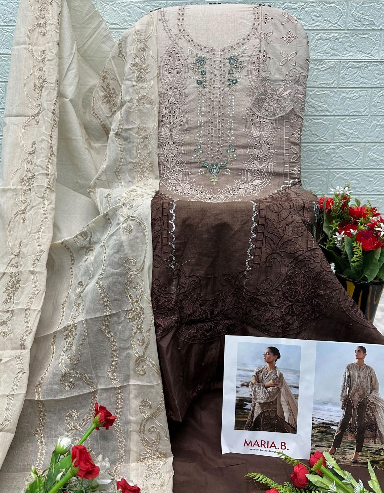 MARIA B PREMIUM EMBROIDERED - 25-2 - D.NO - 1285 - PURE COTTON WITH HEAVY SELF EMBROIDERY ATECHED EMB PATCHES 