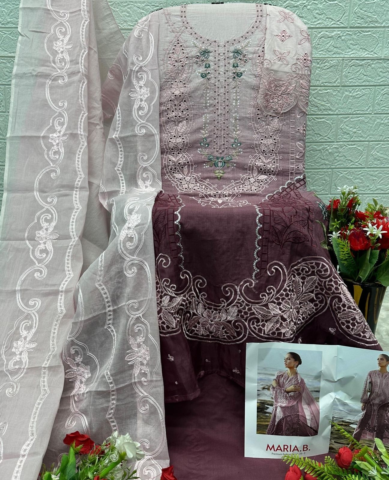 MARIA B PREMIUM EMBROIDERED - 25-2 - D.NO - 1285 - PURE COTTON WITH HEAVY SELF EMBROIDERY ATECHED EMB PATCHES 