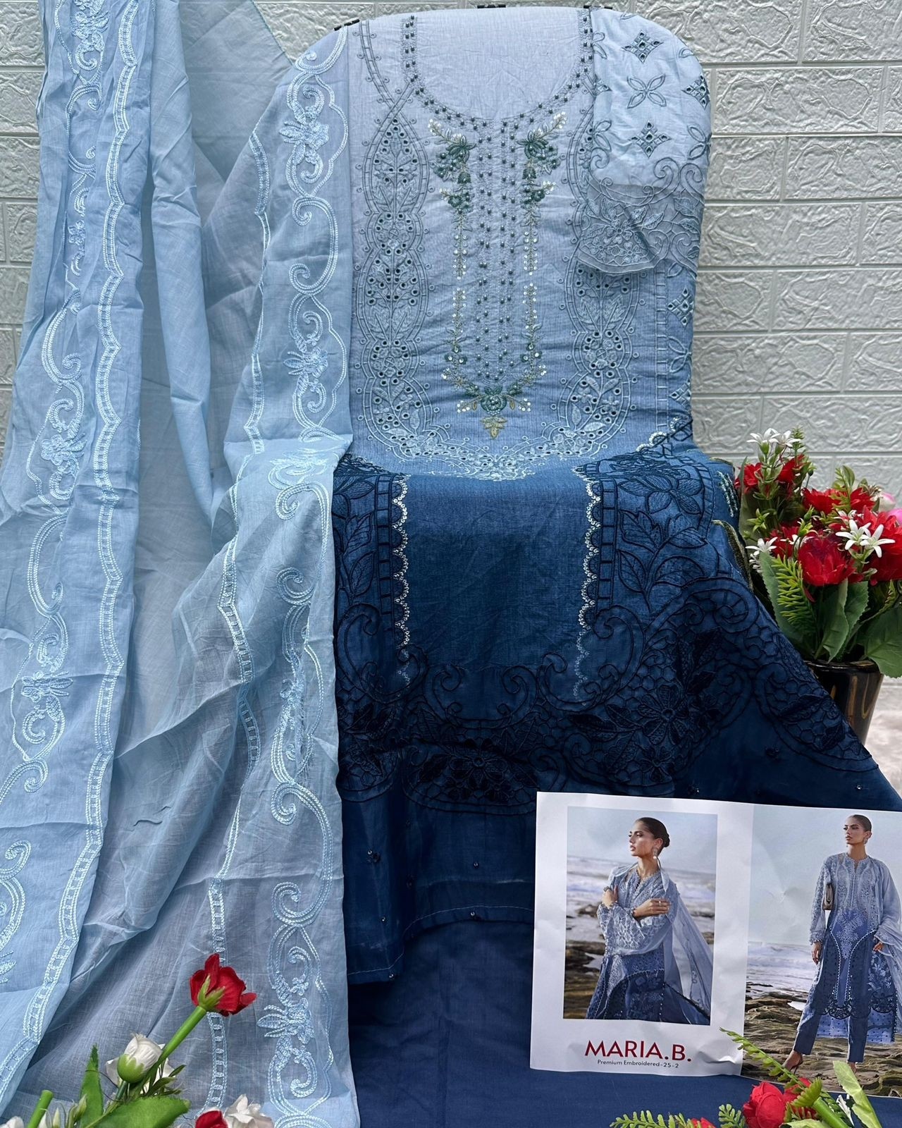 MARIA B PREMIUM EMBROIDERED - 25-2 - D.NO - 1285 - PURE COTTON WITH HEAVY SELF EMBROIDERY ATECHED EMB PATCHES 