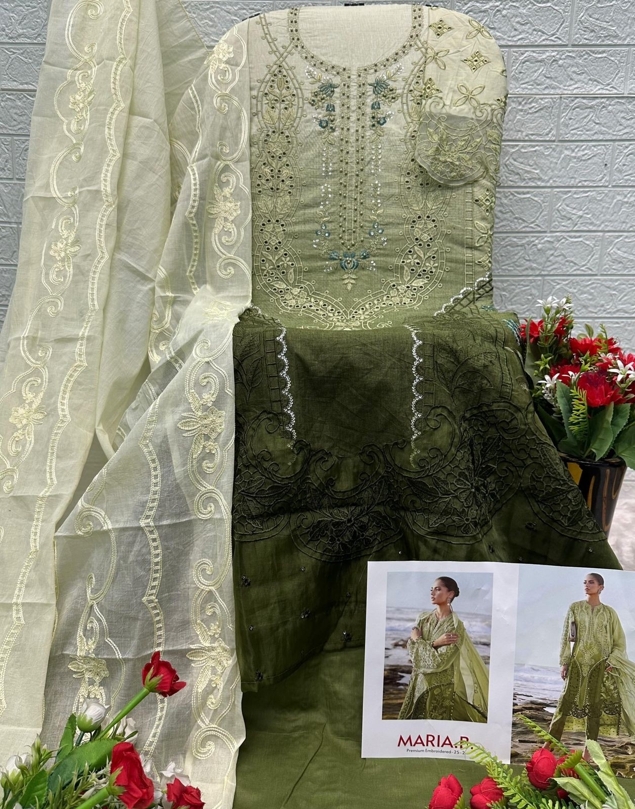 MARIA B PREMIUM EMBROIDERED - 25-2 - D.NO - 1285 - PURE COTTON WITH HEAVY SELF EMBROIDERY ATECHED EMB PATCHES 