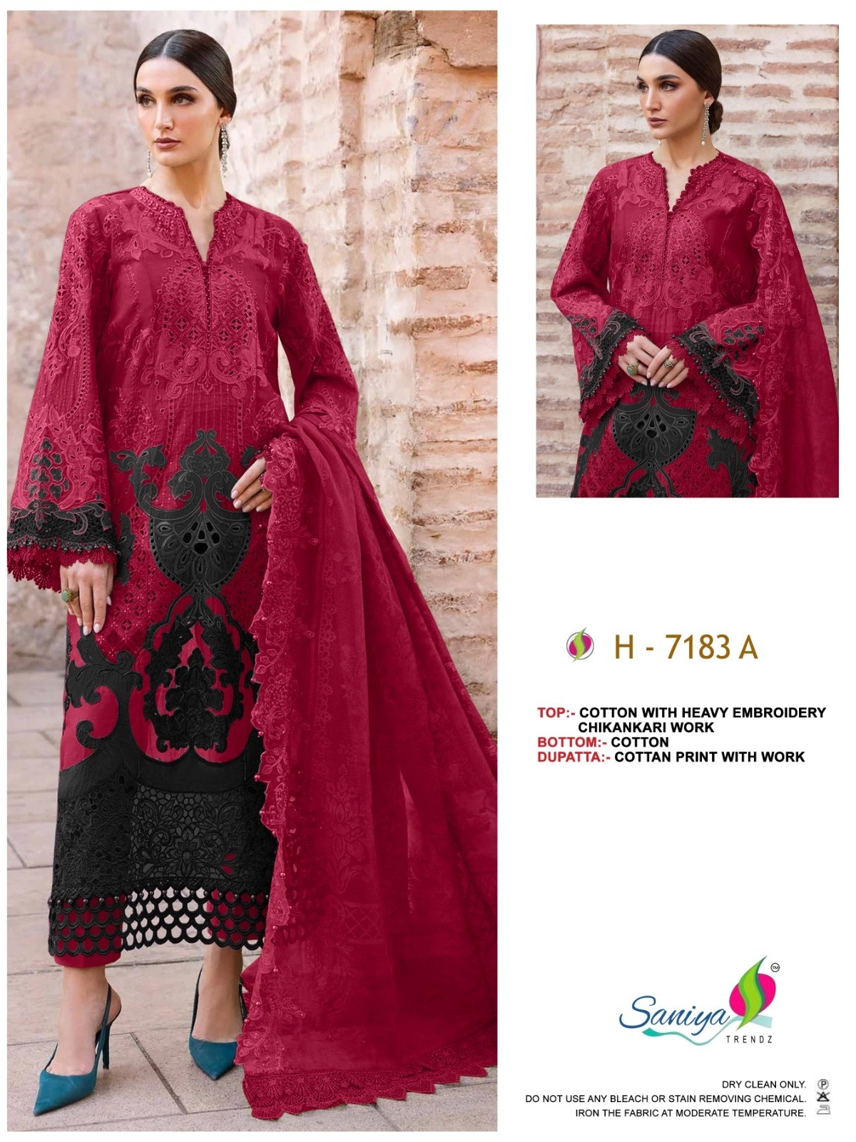 MARIA B - D.NO - 7183 - COTTON WITH CHIKANKARI EMBROIDERED BY PAKISTANI SUIT COLLECTION WITH SANIYA TRENDZ 