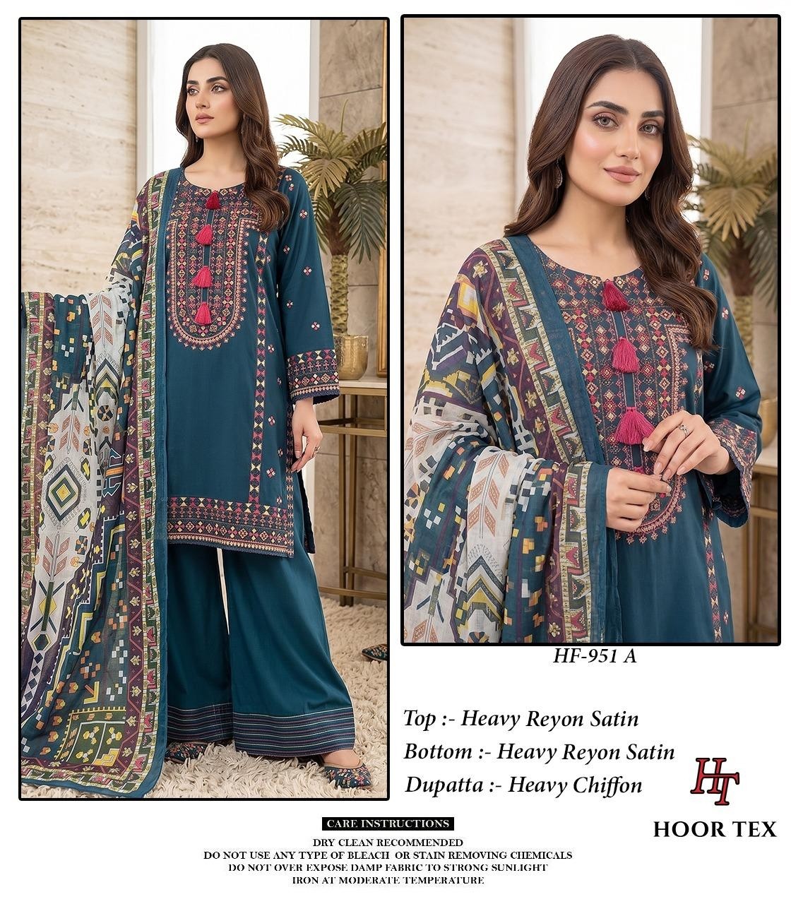HF - 951 - A B C D - HEAVY REYON SATIN EMBROIDERY WORK BY PAKISTANI READYMADE SHARARA AND PLAZZO SUIT COLLECTION 