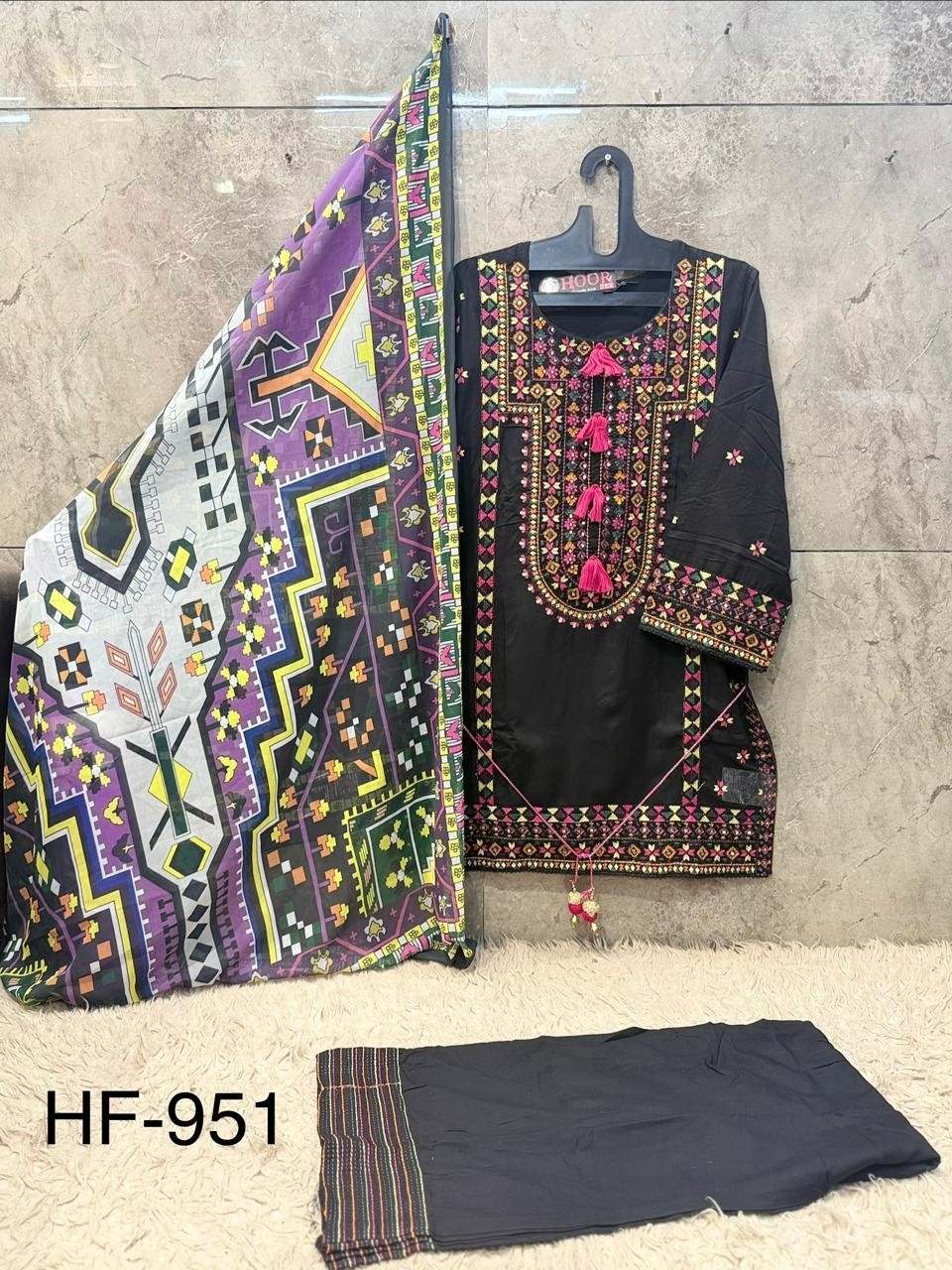 HF - 951 - A B C D - HEAVY REYON SATIN EMBROIDERY WORK BY PAKISTANI READYMADE SHARARA AND PLAZZO SUIT COLLECTION 