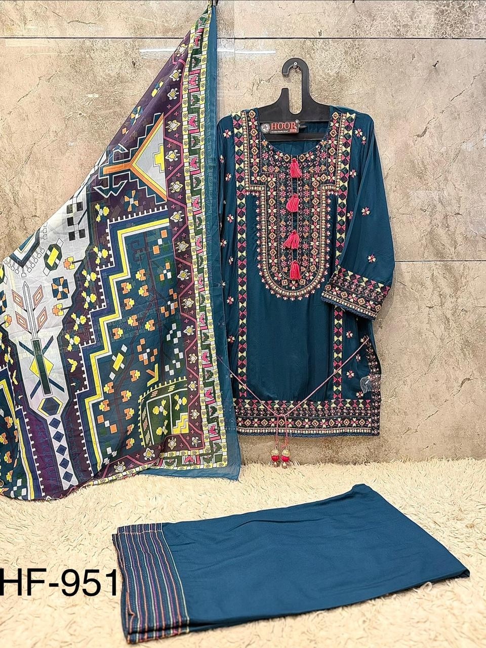 HF - 951 - A B C D - HEAVY REYON SATIN EMBROIDERY WORK BY PAKISTANI READYMADE SHARARA AND PLAZZO SUIT COLLECTION 