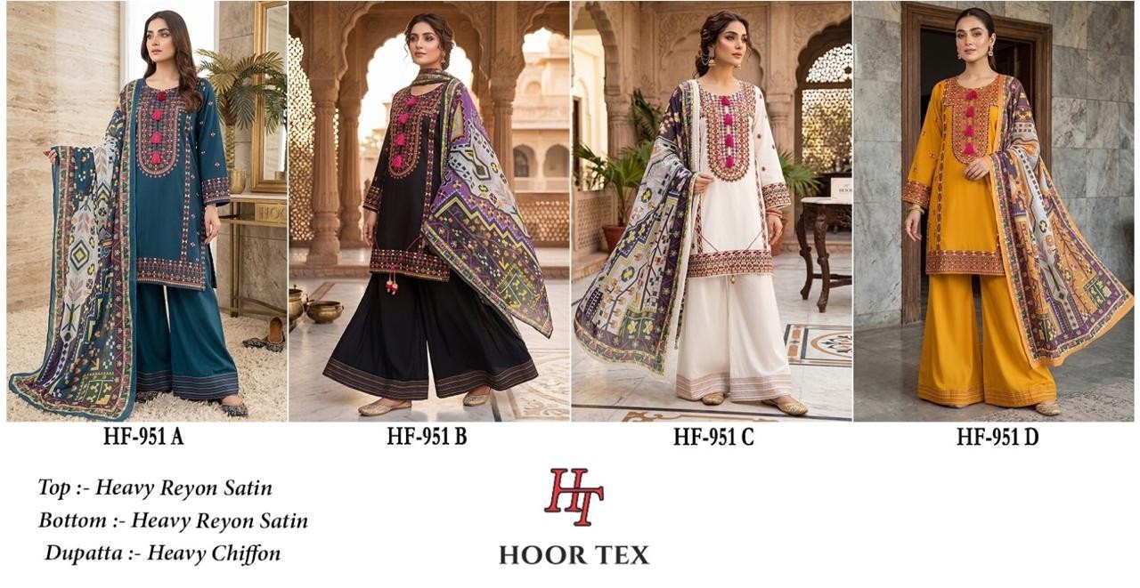 HF - 951 - A B C D - HEAVY REYON SATIN EMBROIDERY WORK BY PAKISTANI READYMADE SHARARA AND PLAZZO SUIT COLLECTION 