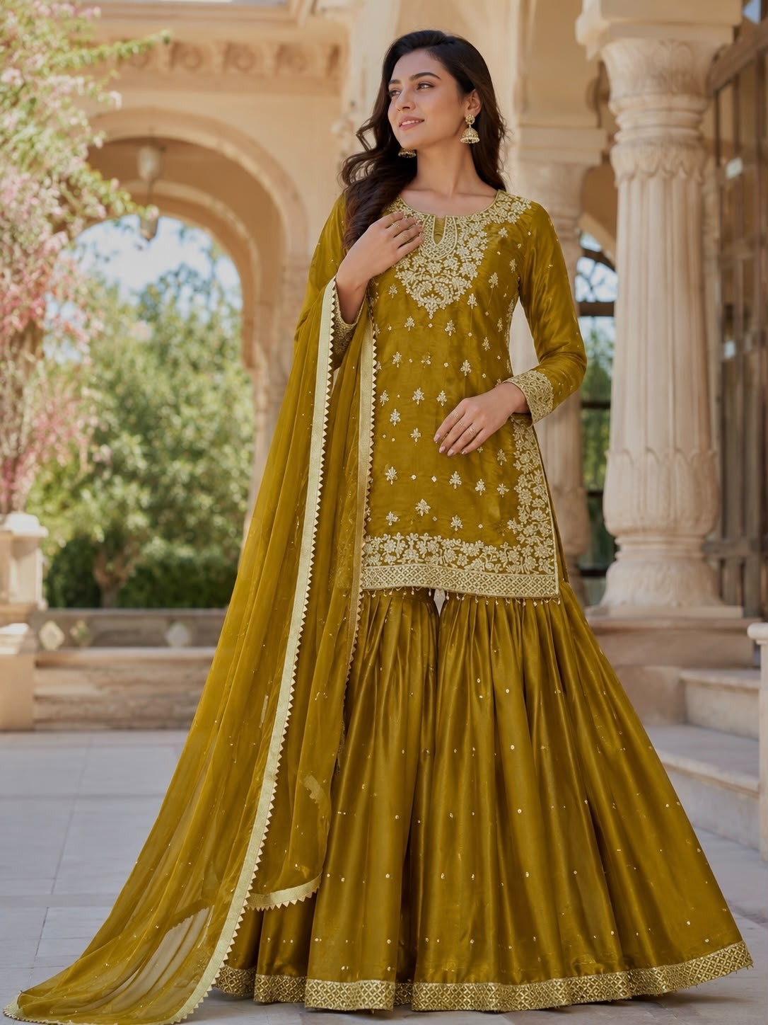 JL 1055 Pure GMY Silk Embroidery Sequence Top Sharara Set with Dupatta 