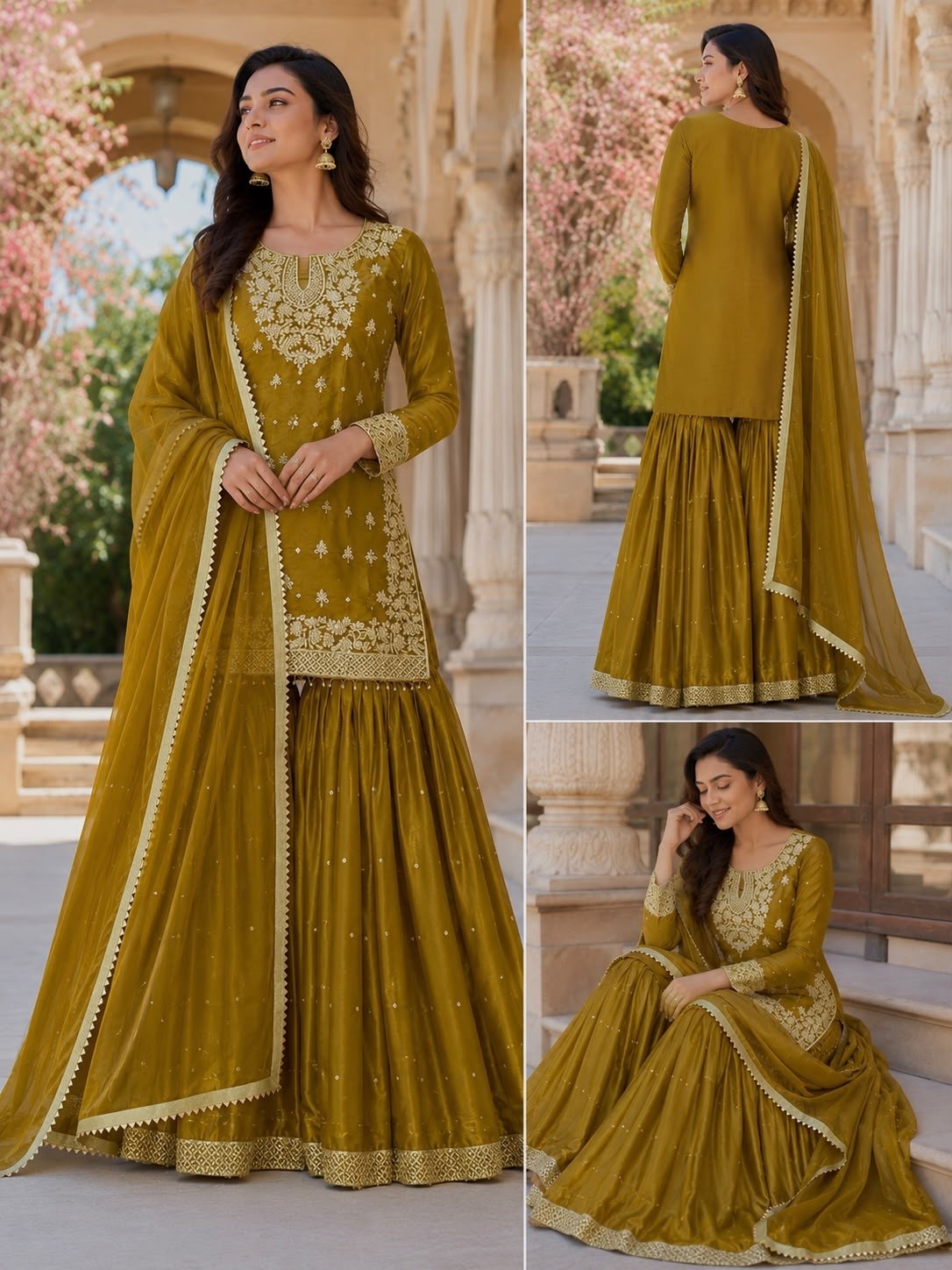 JL 1055 Pure GMY Silk Embroidery Sequence Top Sharara Set with Dupatta 