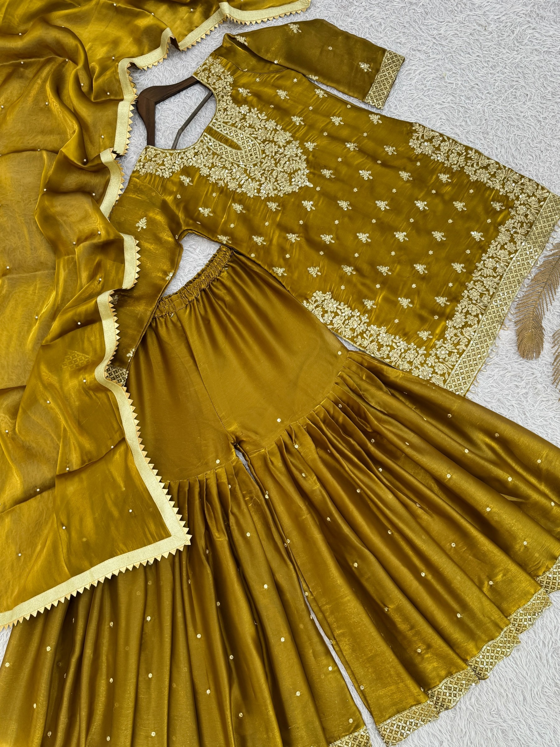 JL 1055 Pure GMY Silk Embroidery Sequence Top Sharara Set with Dupatta 