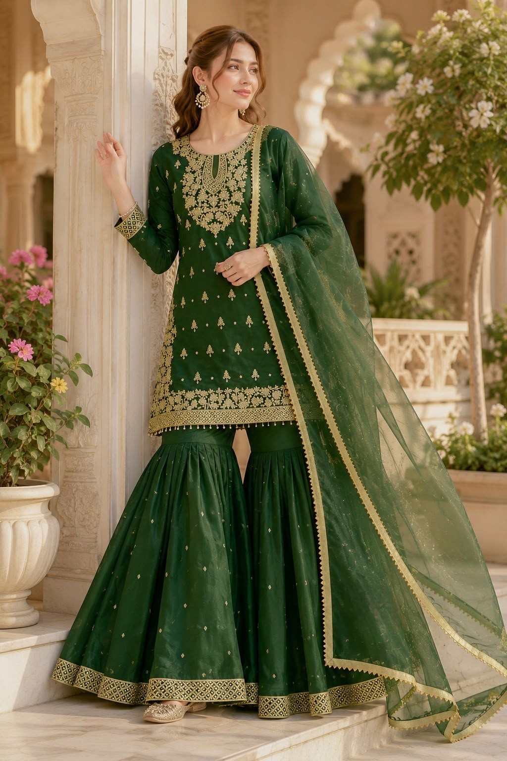 JL 1055 Pure GMY Silk Embroidery Sequence Top Sharara Set with Dupatta 