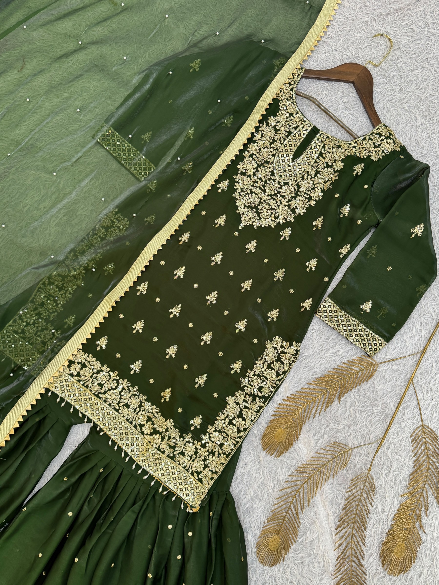 JL 1055 Pure GMY Silk Embroidery Sequence Top Sharara Set with Dupatta 
