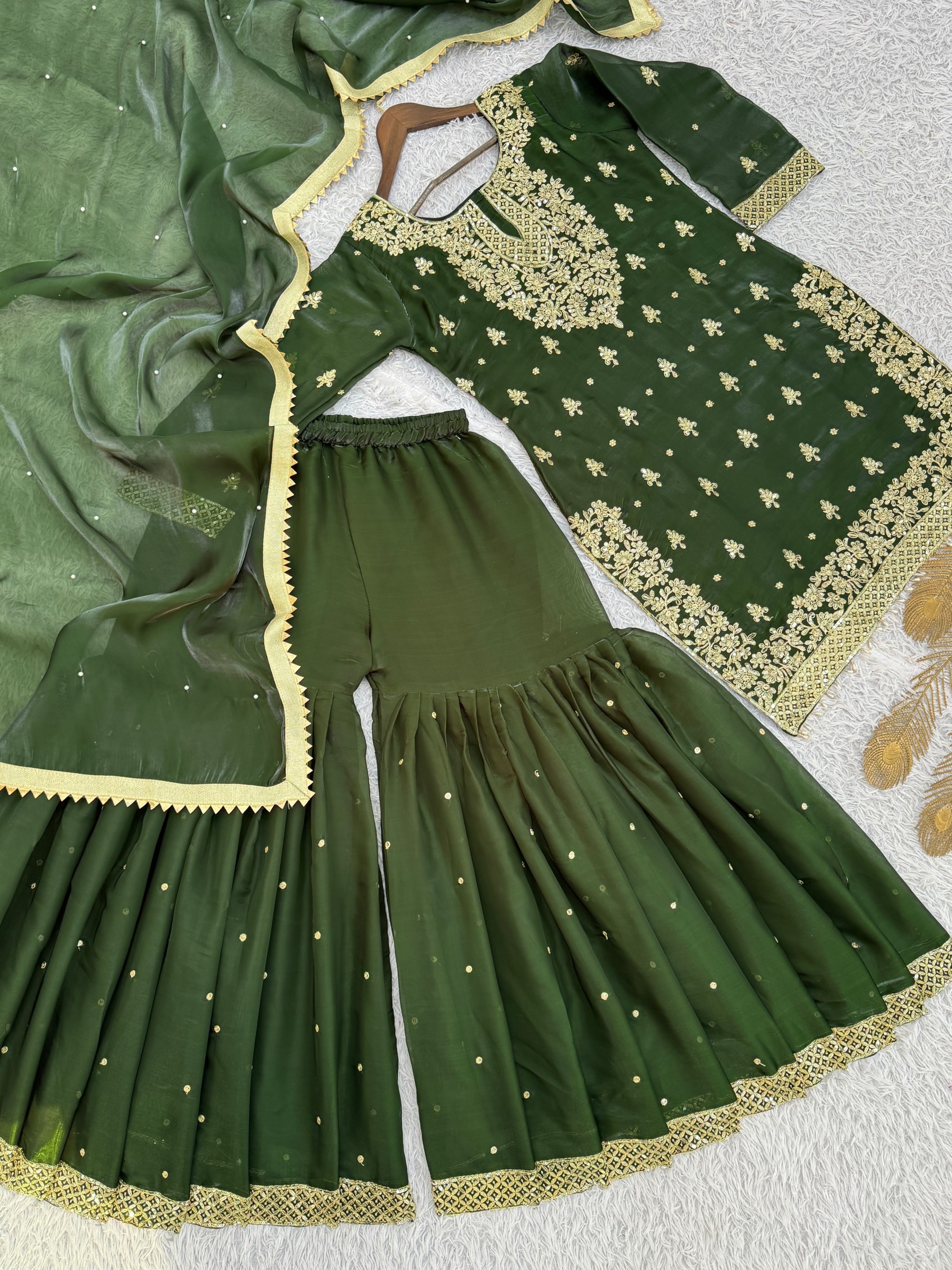 JL 1055 Pure GMY Silk Embroidery Sequence Top Sharara Set with Dupatta 
