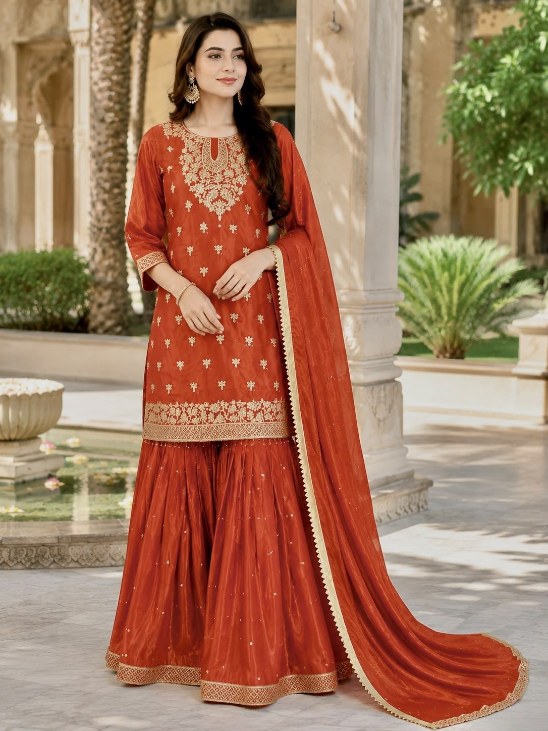 JL 1055 Pure GMY Silk Embroidery Sequence Top Sharara Set with Dupatta 