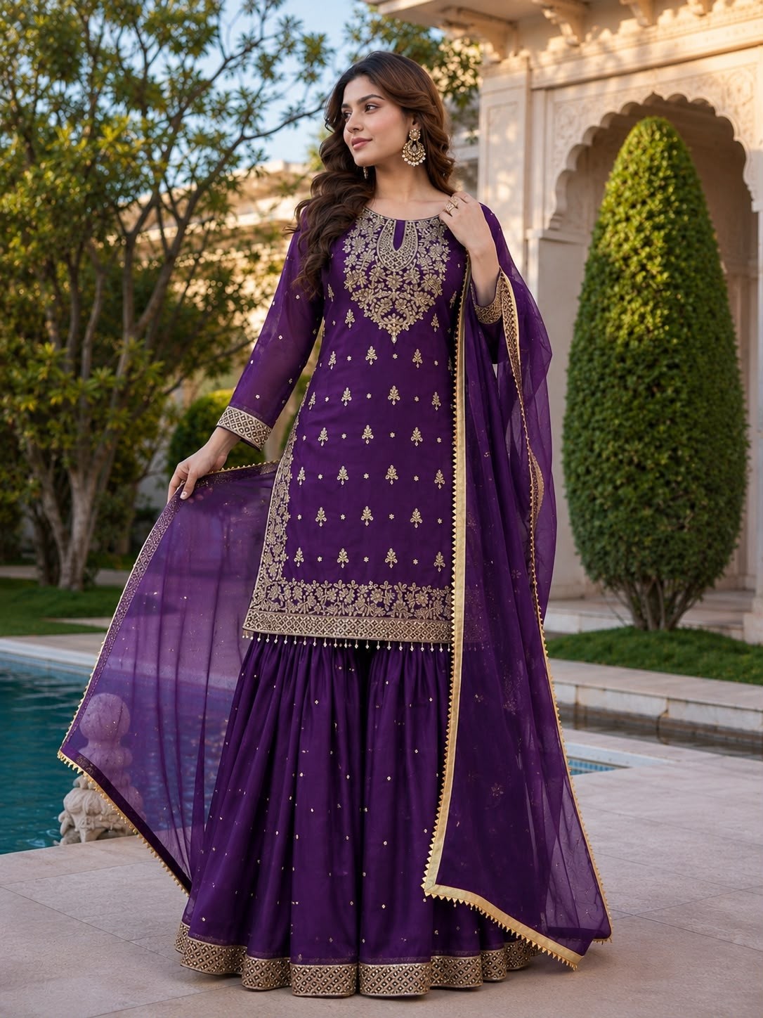 JL 1055 Pure GMY Silk Embroidery Sequence Top Sharara Set with Dupatta 