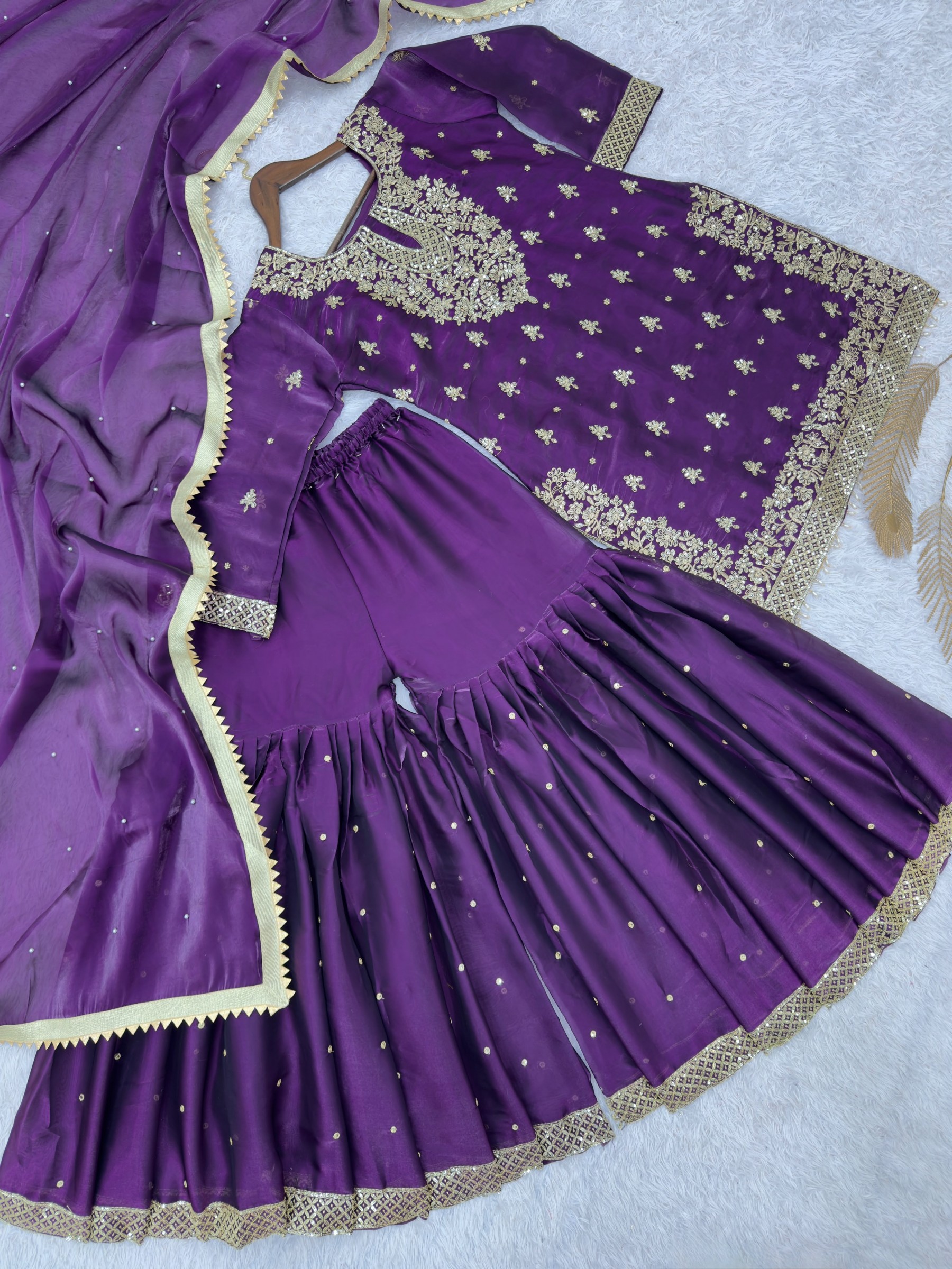 JL 1055 Pure GMY Silk Embroidery Sequence Top Sharara Set with Dupatta 