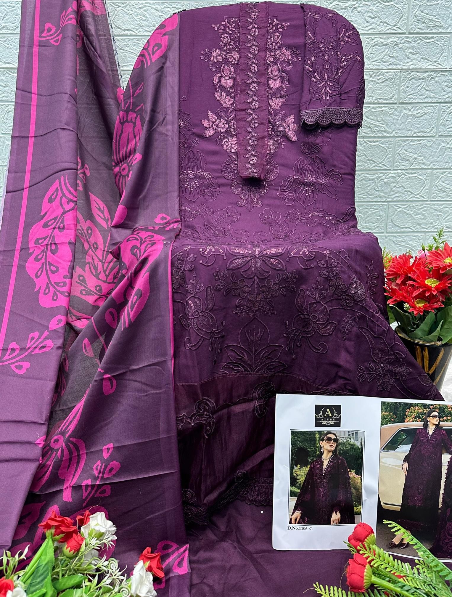 Azure 1106 ELAF Luxury Lawn Rayon Embroidered Dress Material Pakistani Suit 