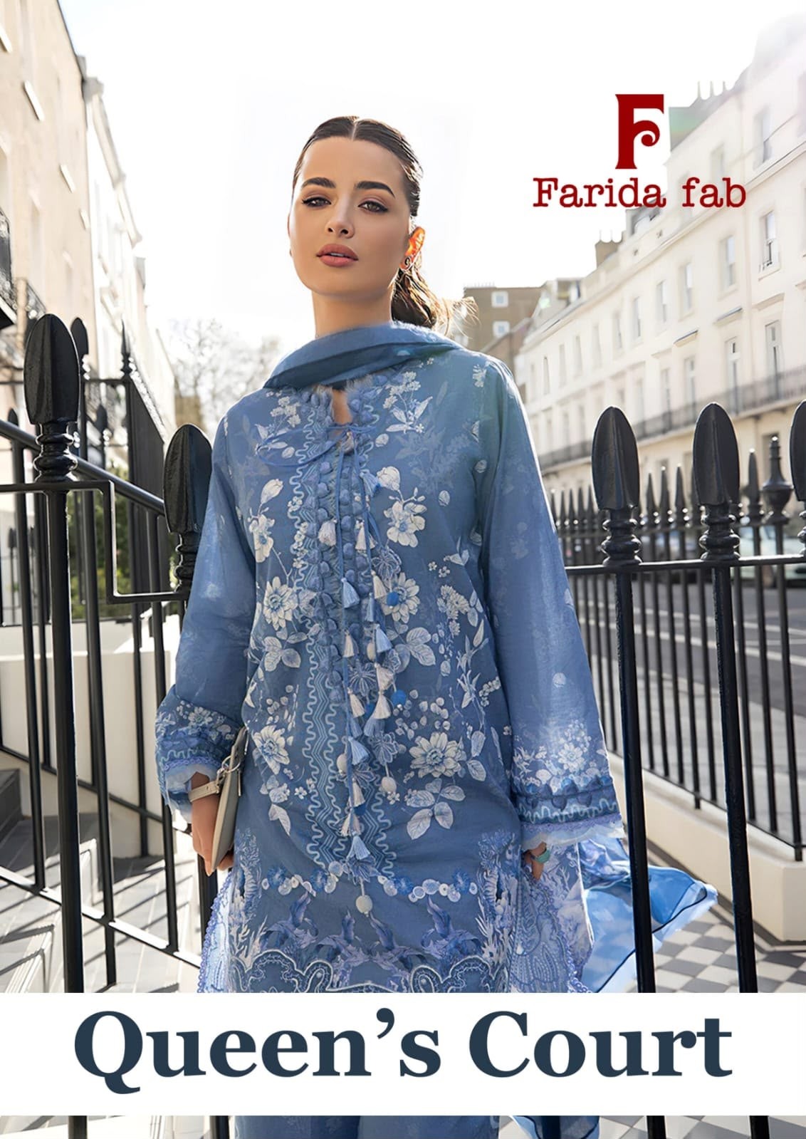 Queens Court by FARIDA FAB - 100% Pure Lawn Cotton Printed Suit (Set of 6 Pcs)