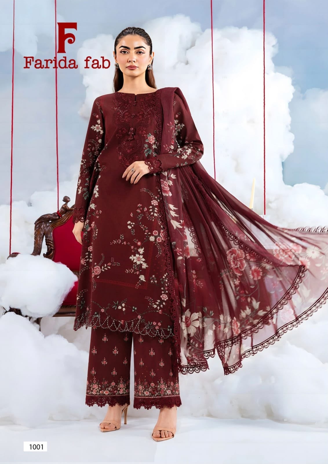 Queens Court by FARIDA FAB - 100% Pure Lawn Cotton Printed Suit (Set of 6 Pcs)