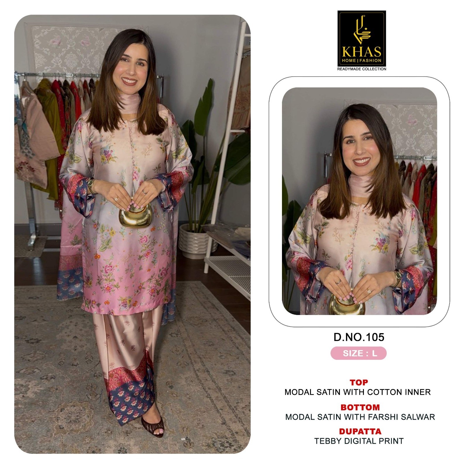 New Designer Modal Satin 3-Piece Suit with Farshi Salwar & Digital Print Dupatta