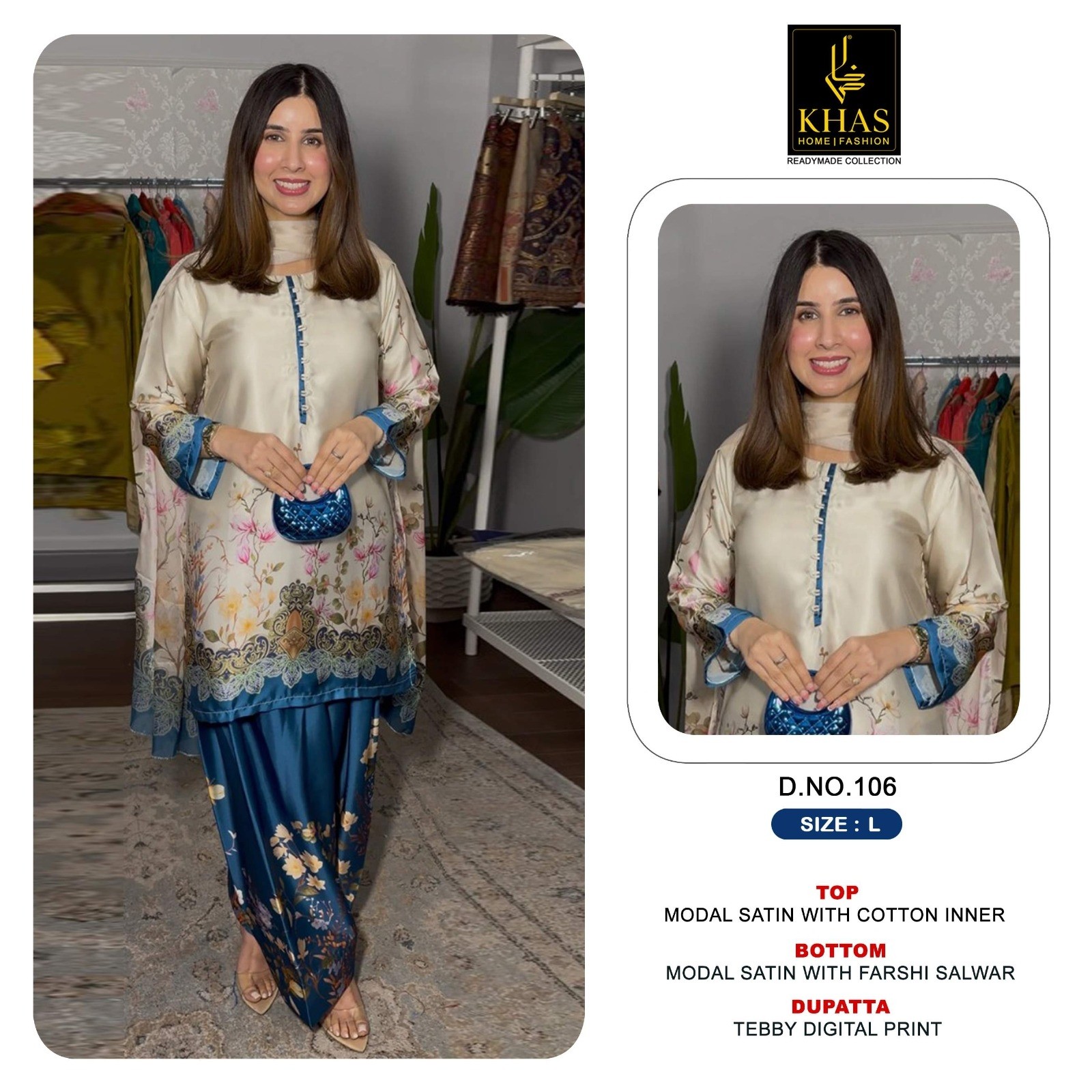 New Designer Modal Satin 3-Piece Suit with Farshi Salwar & Digital Print Dupatta