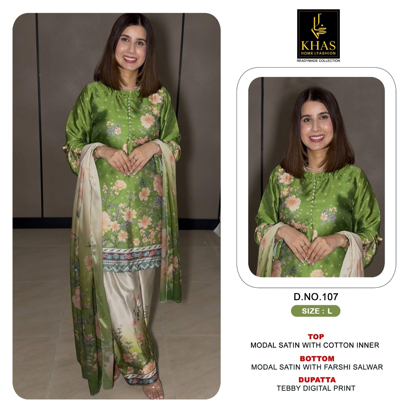 New Designer Modal Satin 3-Piece Suit with Farshi Salwar & Digital Print Dupatta