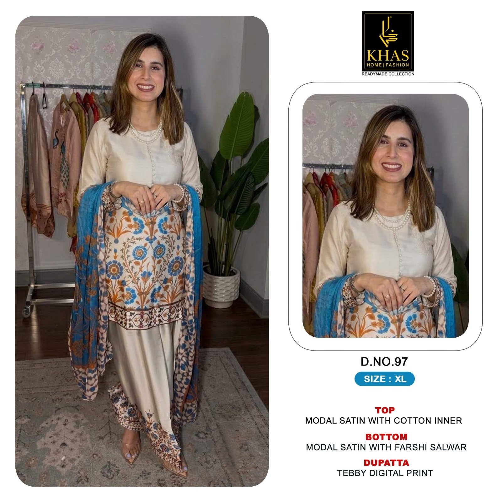 New Designer Modal Satin 3-Piece Suit with Farshi Salwar & Digital Print Dupatta